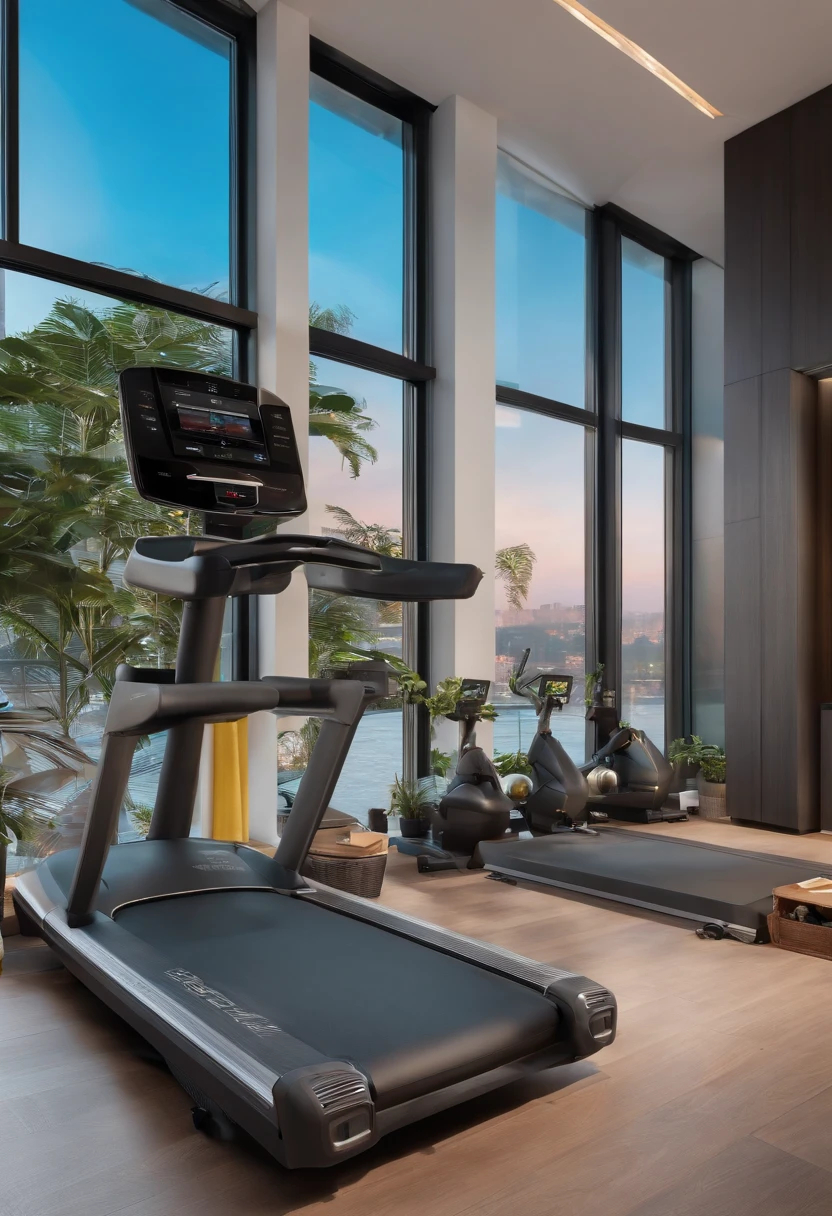 Elegant space，Bright，Minimalist gym，There are bookshelves，There are fitness equipment，River view from the window