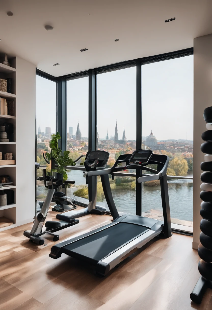 Elegant space,Bright,Minimalist gym,There are bookshelves,There are fitness equipment,River view from the window