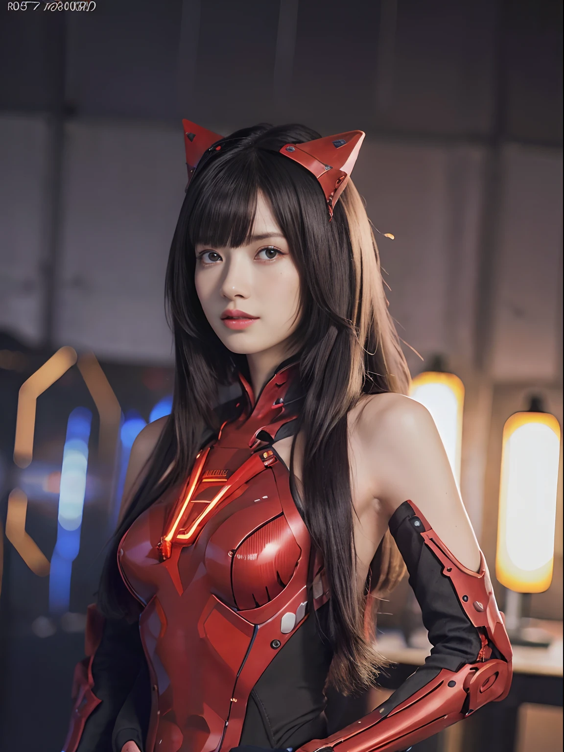 (Fight against mechanical robot soldiers)、top-quality、masterpiece、超A high resolution、(With a futuristic machine gun、holding knive),(Wearing a futuristic hat)、(Photorealsitic:1.4)、Raw photo、女の子1人、Black hair、glowy skin、((1 Mechanical Girl))、((super realistic details))、portlate、(Mystical expression)、explosions、Particles of light、(Small LED lamp)、Wire tubes that glow all over the body、(With state-of-the-art weapons),globalillumination、Shadow、octan render、8K、Armpit、ultrasharp、Colossal tits、Small LED lamp、Raw skin is exposed in cleavage、metals、blood vessels connected to tubes、With weapons、Red bodysuit、Armpit、Cyberpunk city background、Details of complex ornaments、Japan details、highly intricate detail、Realistic light、CGSoation Trends、Blue eyes、radiant eyes、Facing the camera、neon details、(Tattoo numbers on the face)、Mechanical limbs、blood vessels connected to tubes、Mechanical vertebrae attached to the back、mechanical cervical attaching to neck、Wires and cables connecting to the head、Gundam、Small LED lamp、Toostock、Toostock、Futuristic machine gun、Knives、(Red Metallic Bodysuit),