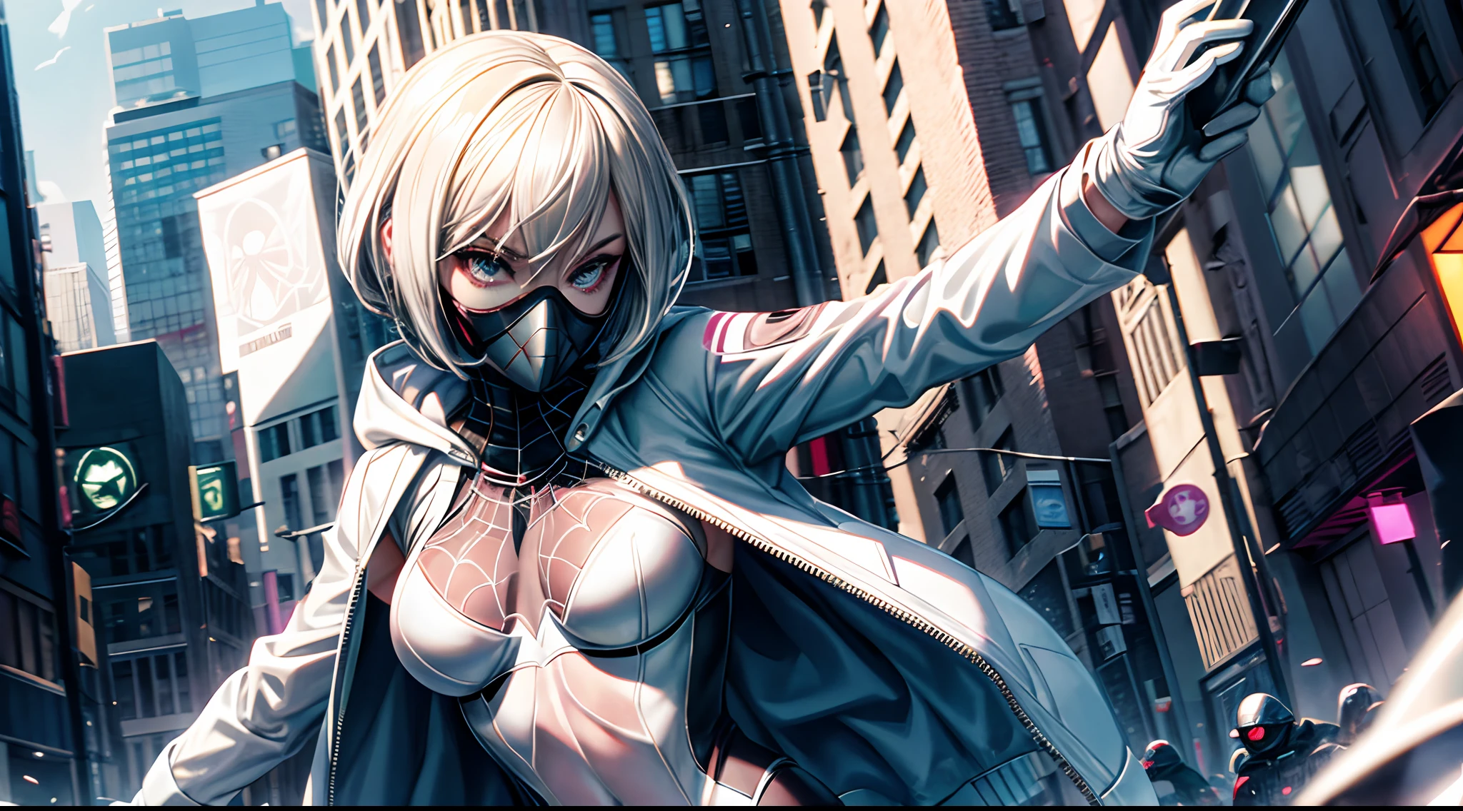 Spidergwen wearing gasmask , gasmask , no hoodie ,  masterpiece , white bra , white jacket , white eyes , white gloves , Relaxed pose
