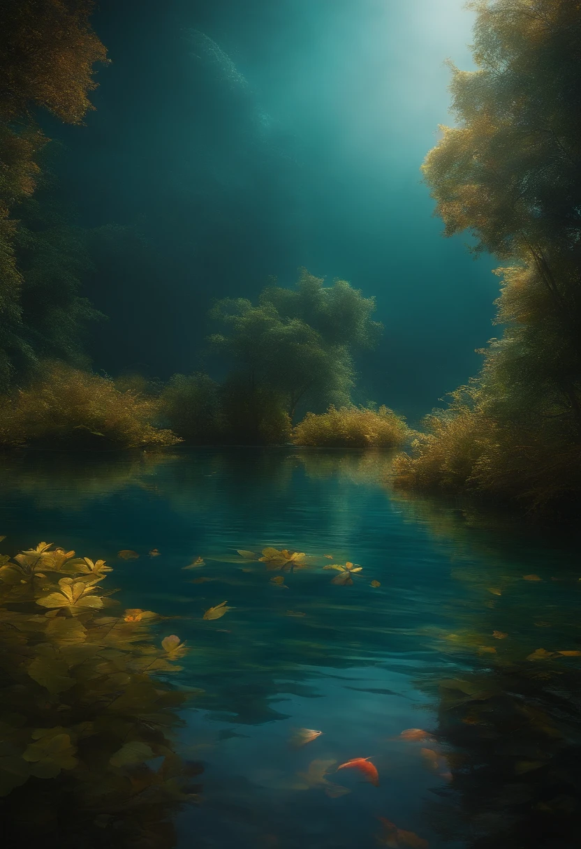 Mon Dieu, Very realistic image in 4K, Walking under the waters of a lake, Expression sereine de pure compassion.