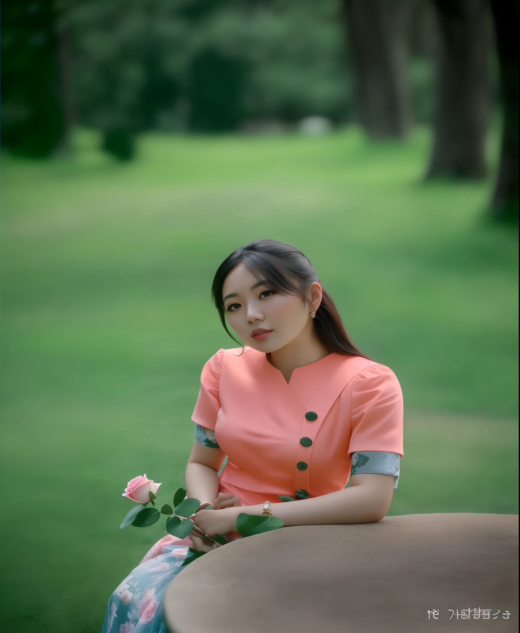 there is a woman sitting on a rock with a rose in her hand, photo of a woman, a young asian woman, an asian woman, a cute young woman, asian girl, photo of the girl, asian woman, in a park, 60mm portrait, vietnamese woman, nivanh chanthara, young asian girl, photo of young woman