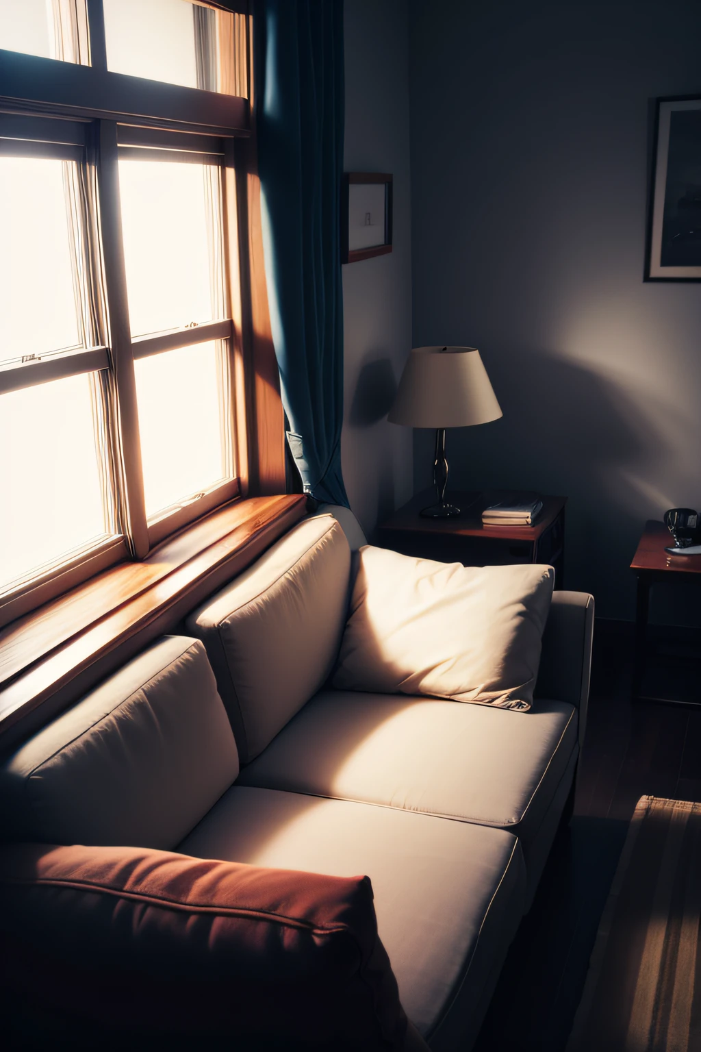 Cozy couch beside a window at night , dark room