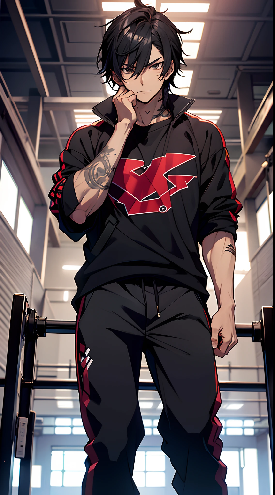 Yuijiro Hanma handsome, good body, Anime character, standing in the gym, decorated with devil tattoos, beautiful and clear muscles. His black hair is wild and unruly, his pants are black.