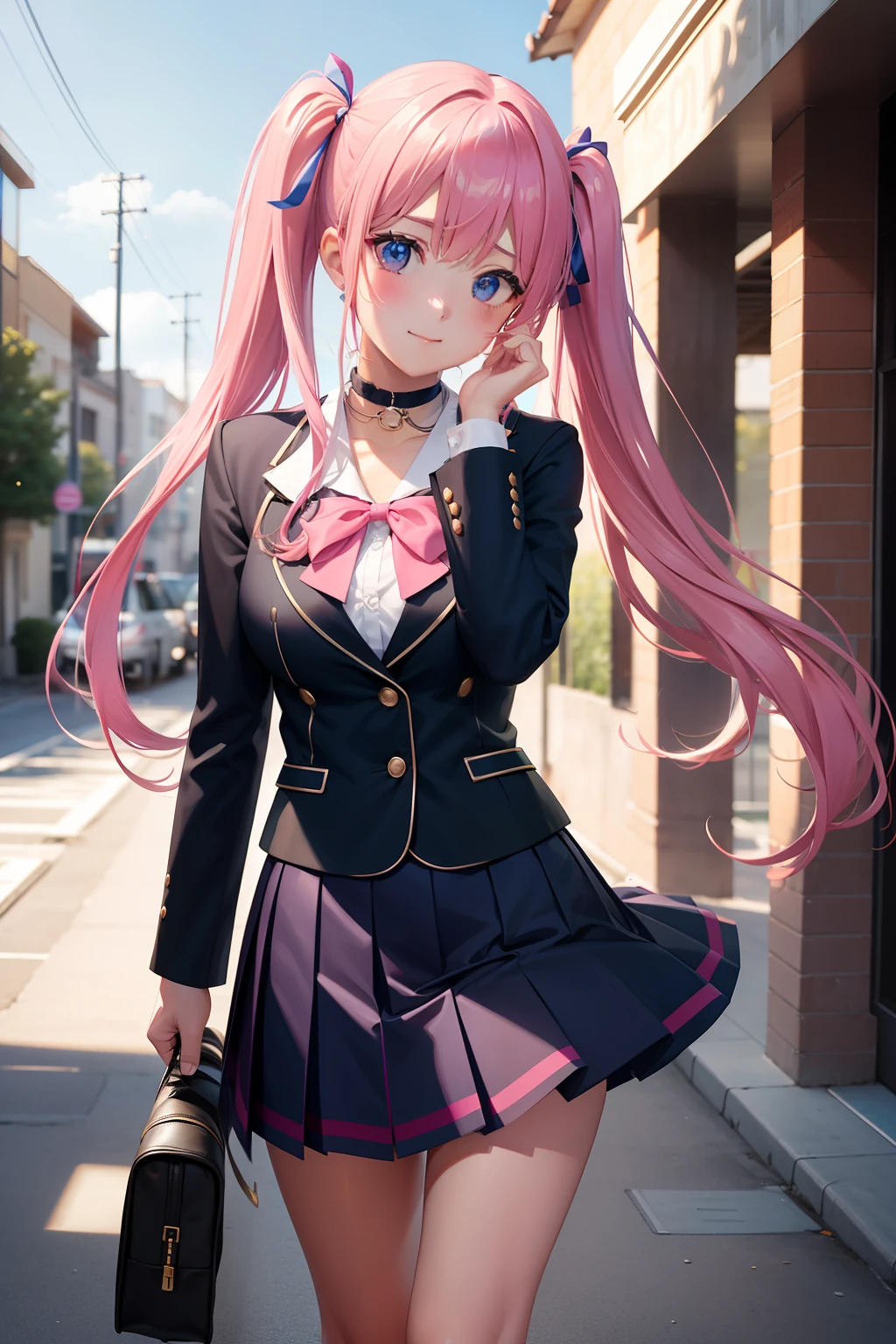 High school girl with beautiful eyes、High School Uniform、Dark blue blazer、Pink skirt、Pink ribbon、Heart-shaped choker、long hair with pink twin tails,,,,,,,,,,,,、Schools、独奏、gazing at viewer、school ground、lawn、rainbows、optic、。.。.。.。.。.。.。.。.。.。.。.。.。.3D、hight resolution、top-quality、full body Esbian、8K Character Concept、32K、pixiv、illustratio、 ultra-detailliert、hyperdetailed face、Megapixel、 Ultra High Definition HDR、Clair、Overdecoration、● S180 - Rainbow 5