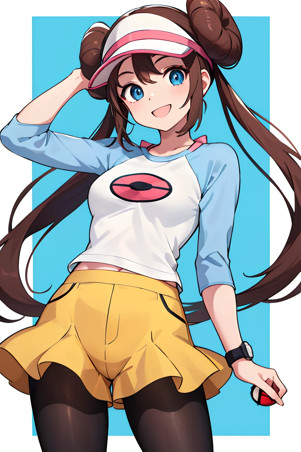 masterpiece, best quality, highres, ro1, hair bun, blue eyes, twintails, visor cap, pantyhose, raglan sleeves, yellow shorts, shirt, pink bow, wristwatch, standing, cowboy shot, field, poke ball \(basic\), smile