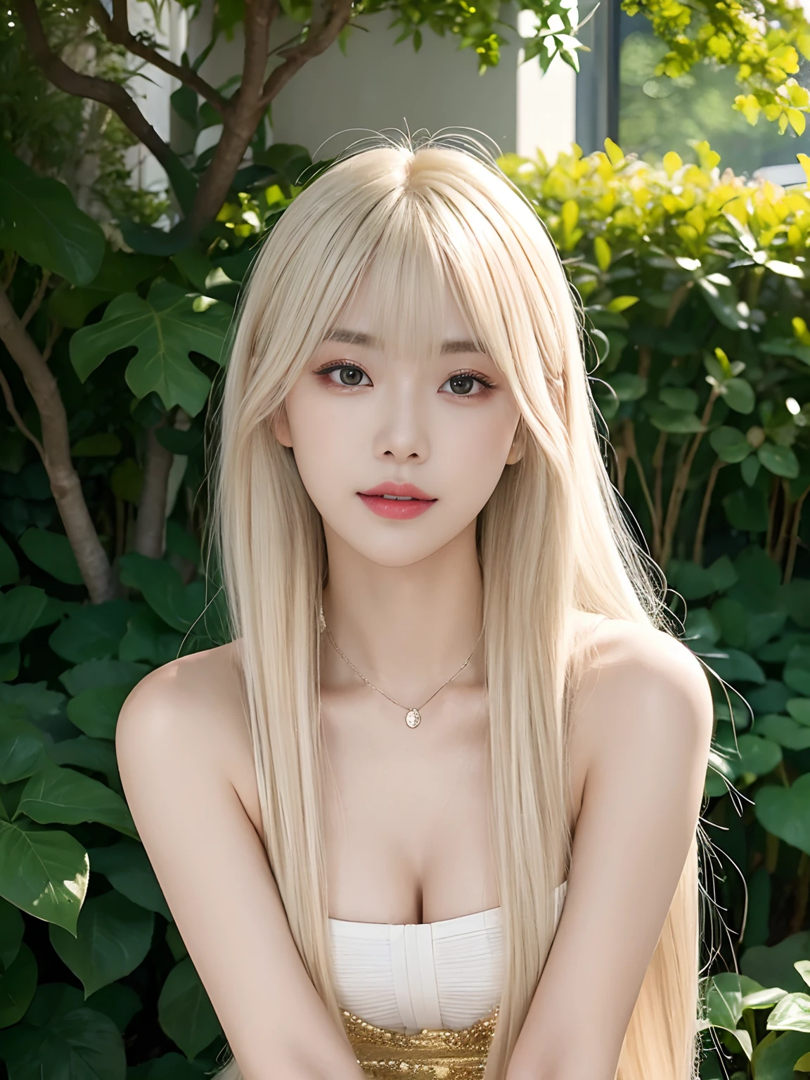 ((("A beautiful Korean girl with platinum blonde hair"))) in a close-up shot, captured with a ((35mm)) lens. The girl should have a radiant smile and stand outdoors in a lush, sunlit garden with colorful flowers in the background. The image should exude a warm, natural glow, with soft sunlight gently illuminating her features, giving her skin a healthy, golden hue. The final image should be in ((high resolution)) and display intricate details of her platinum blonde hair, capturing the texture and shine.