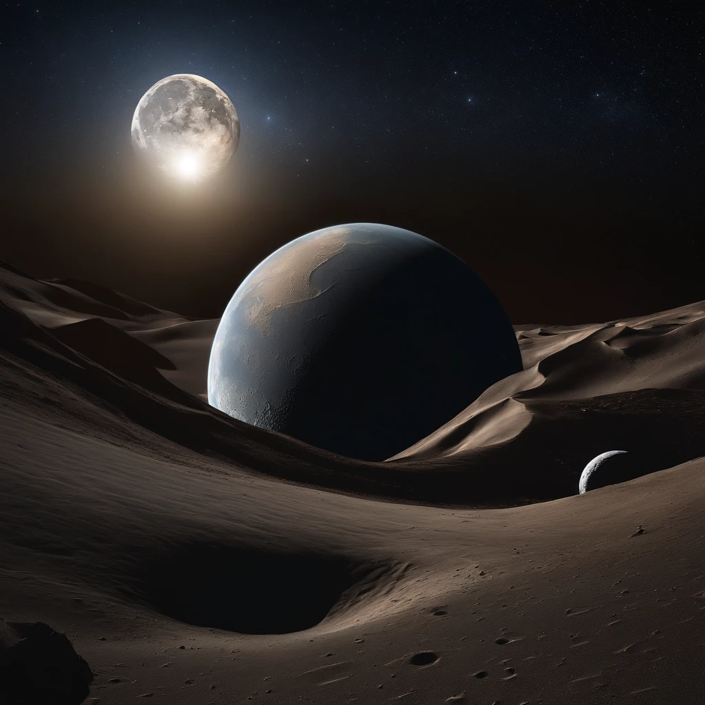 Master Parts、Superior Quality、superior image quality、The 8k quality、Beautiful pictures of the starry sky、magnifica、Arched Milky Way:1.25、Alafed view of Earth from the lunar surface, Lunar surface, space photo, on the moon, moon background, moon background, on the moon, Lunar soil, space photo, moonscape, Focus on the Moon, On Moon, Numerous craters:1.9, Huge Earth in the Sky