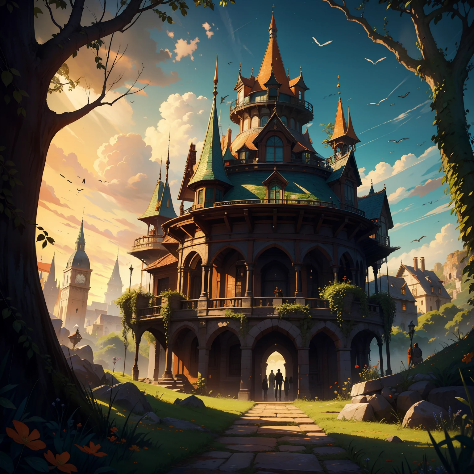 A setting with medieval eras of orange and green magic, Cheio de magia, The magic in this place is the basis of everything and everyone, aqueles que podem usar magia, are well respected, Bruxas e bruxos com sua magia de voar. What is this world of magic like?  e se existe, como seria?  algo maravilhoso de ver?  or something no one can explain?.  Show me this multi-vision scenario.  Show large image angles