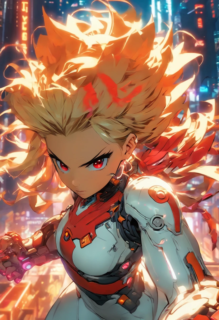 (sfv), Intricate details, 1girll, Night, (Bright neon colors), ((Fly over futuristic cyberpunk cities)), Detailed background, ( cyborg girl, ((Cute perfect face, Bright red eyes)), (Perfect anatomy, Petite and lively breasts), (Outrageously long gradient orange and white hair, hair blowing in wind)), Leggings cannot refine the ribs, Shoulder armor, cybernetic limb, Dynamic Angle,