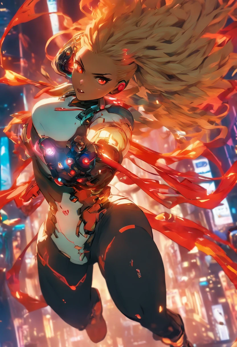 (sfv), Intricate details, 1girll, Night, (Bright neon colors), ((Fly over futuristic cyberpunk cities)), Detailed background, (Little cyborg girl, ((Cute perfect face, Bright red eyes)), (Perfect anatomy, Petite and lively breasts), (Outrageously long gradient orange and white hair, hair blowing in wind)), Leggings cannot refine the ribs, Shoulder armor, cybernetic limb, Dynamic Angle,