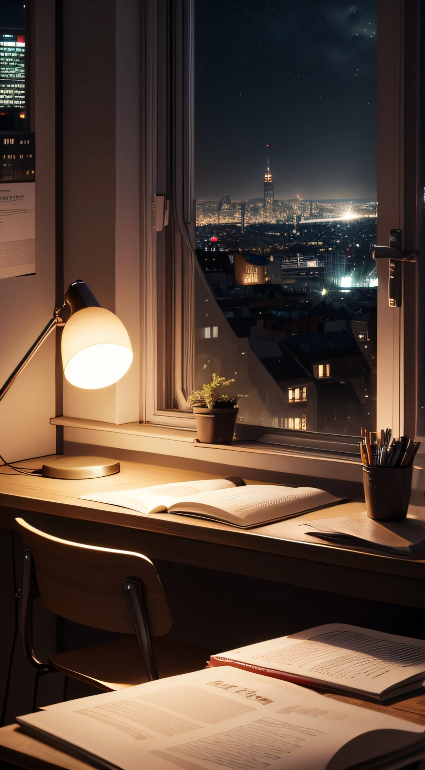 Schreibtisch am Fenster, Schreibtisch eines Studenten , Bei Nacht, messy desk, bad lighting, dark room , no to little light, beautiful view on city at night, dark, books