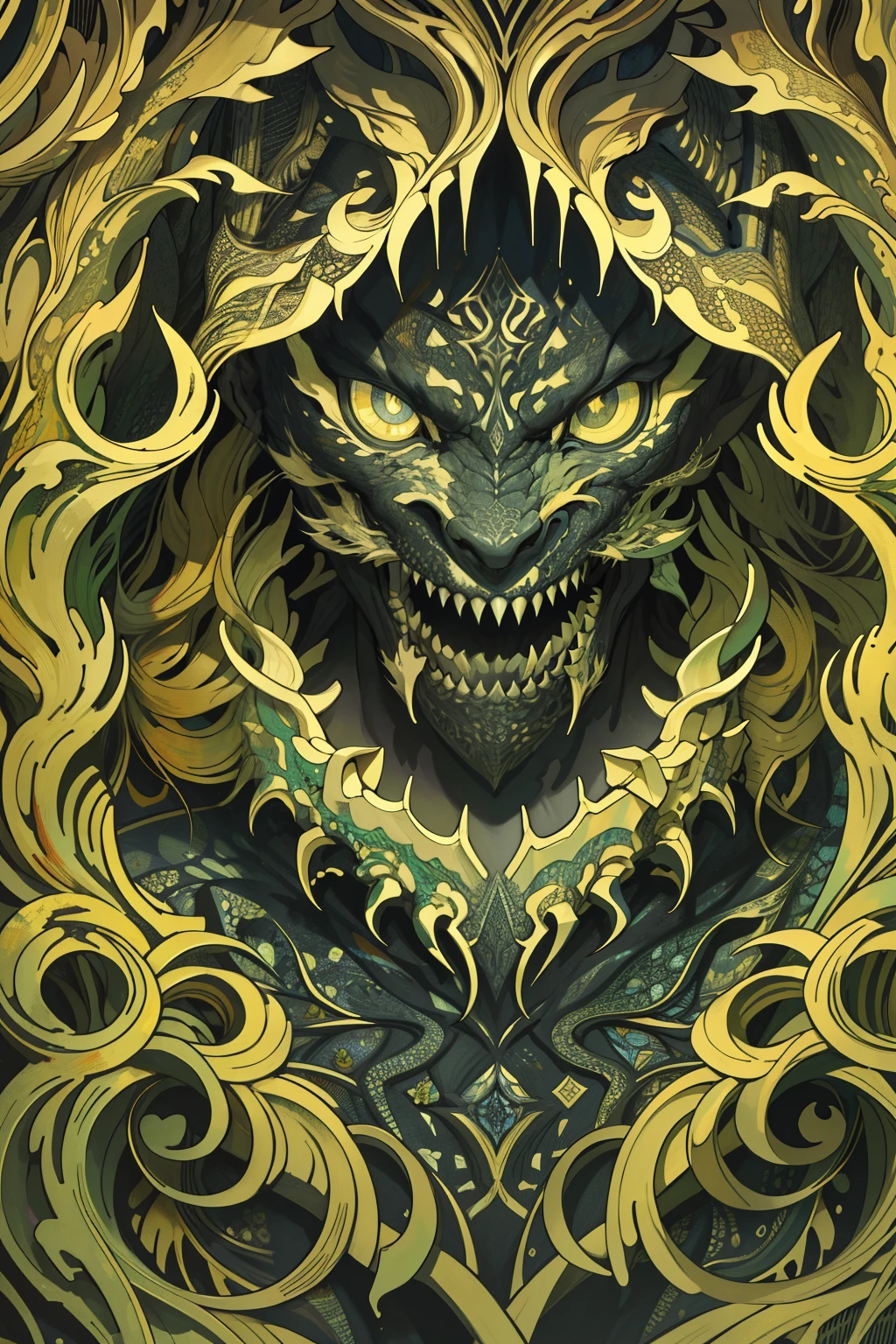(best quality,4k,8k,highres,masterpiece:1.2),ultra-detailed,realistic, HDR, UHD, symmetrical composition, intricate patterns, exquisite papercut, paper texture, depth, shadowy, chaotic, dark, reflective papercut material, dramatic lighting, adorable abyssal demon, verdant flames