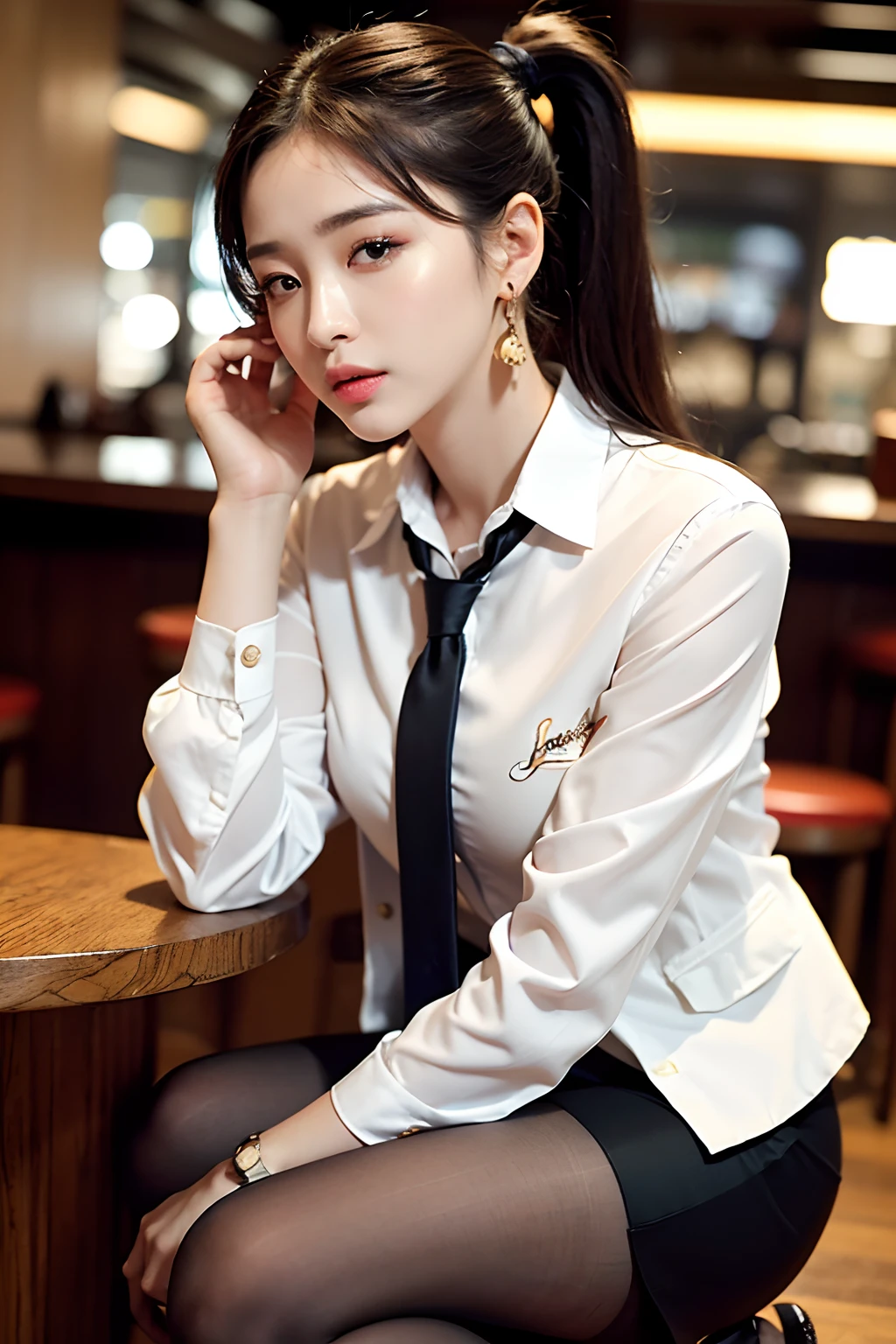 Exquisite, masterpiece, beautiful details, colorful, delicate details, delicate lips, intricate details, large breasts, 1 woman, (a beautiful 20-year-old cute Korean woman: 1.1), (kpop idol, Korean mixed), (50mm Sigma f/1.4 ZEISS lens, F1.4, 1/800s, ISO 100, photograpy:1.1), (ponytail + brunette 1.2), ( Photorealistic: 1.4), (SPY: 1.2), (Open Jacket, Shirt, Skirt, Tie, Black Pantyhose, Christian Louboutin\(Brand\),:1.3), Earrings, Necklaces, Armbands, (Tavern, Bar:1.2), (Beautiful Legs, High Girl, Skinny, slim_legs, thigh_gap, Model: 1.2 ), lens, flare from the front, (cool expression), hands on head, squatting cowgirl position, vaginal, (makeup: 1.2)