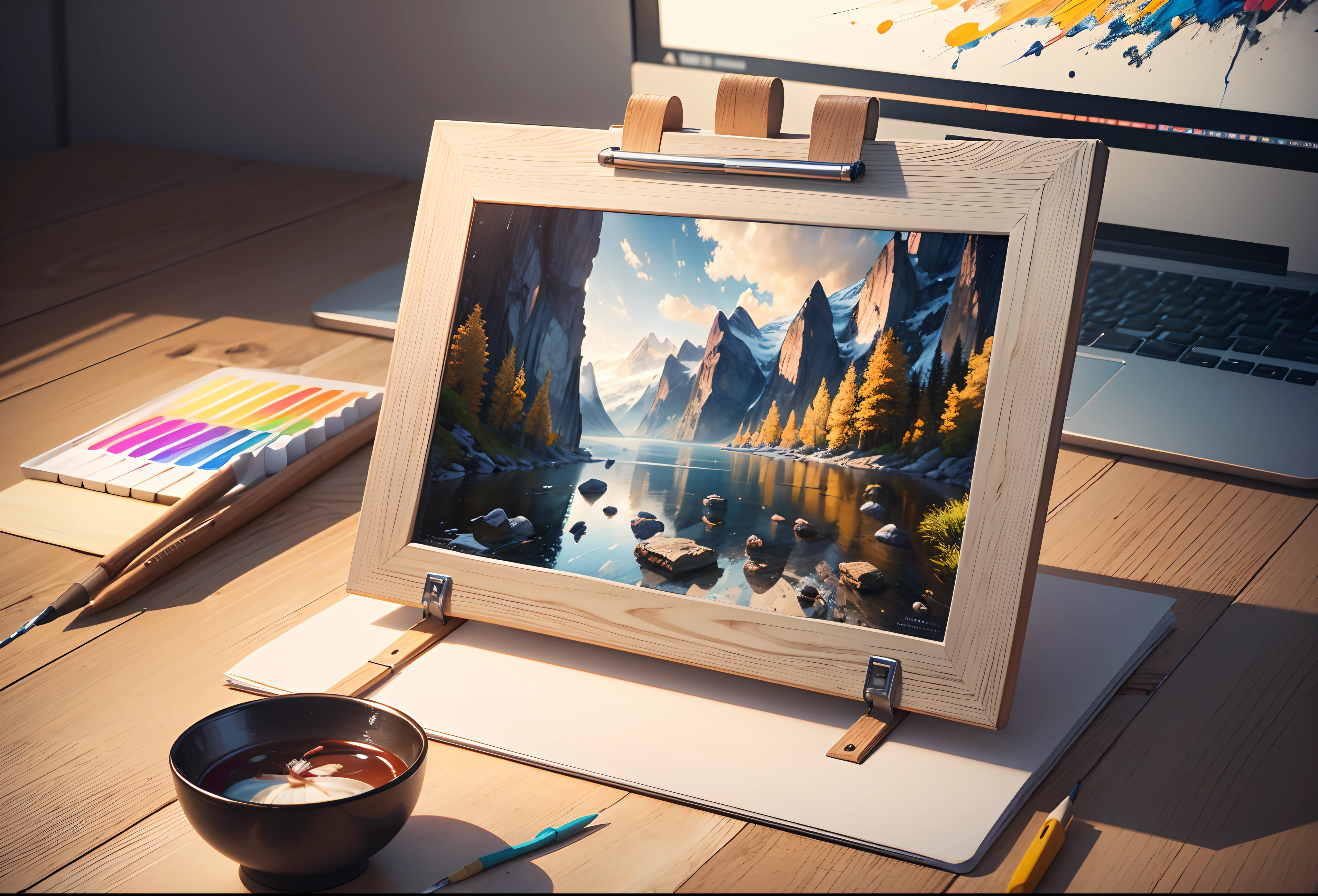 Combine art supplies like paintbrushes and canvas with academic tools like textbooks, notebooks, and a laptop to show dedication to both art and studies, 4k, octane render, intricate details, simple and clean composition, top angle, vibrant colors., Excellent, masterpiece, super high resolution, detailed background, realistic.