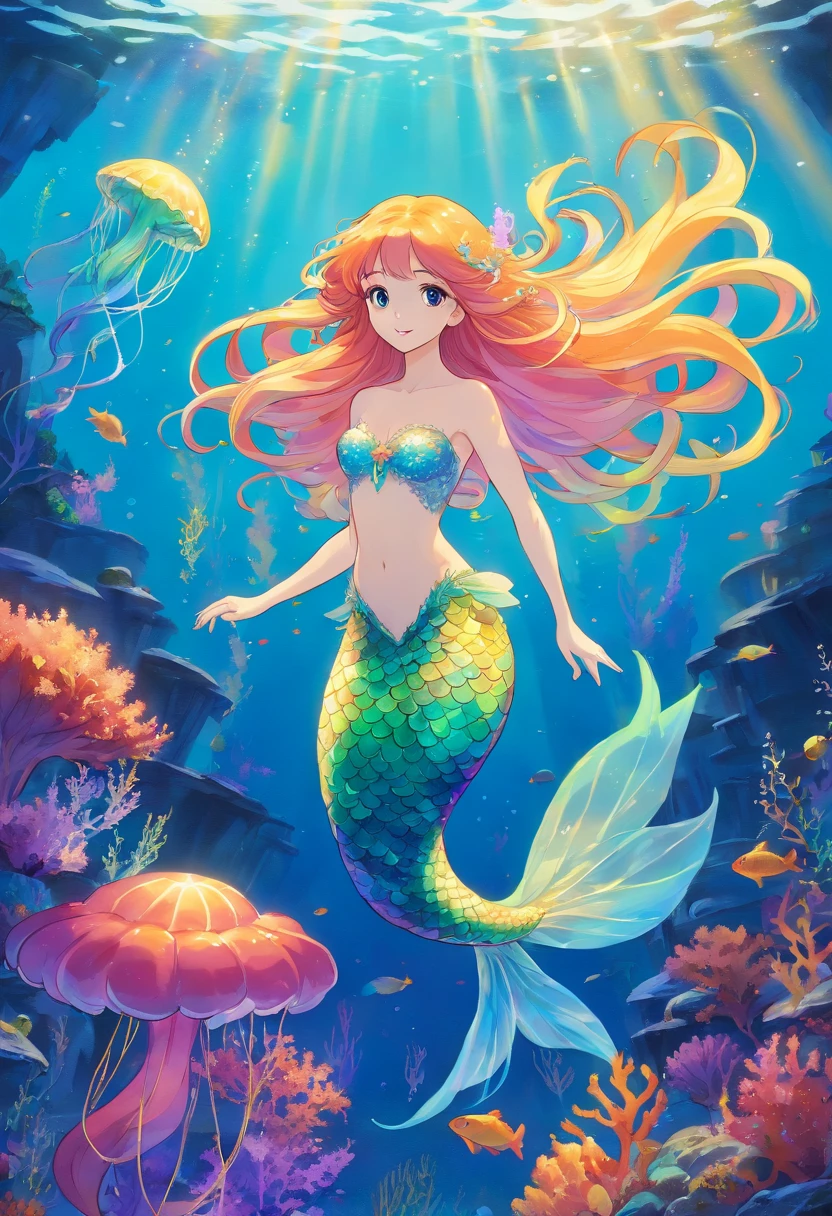 Rainbow Mermaid,fantasy creature (mermaid:1.1),underwater landscape,Depth of the sea,Beautiful detailed eyes,Beautiful detailed lips,Glowing scales,Flowing colorful hair,Finely tuned fishtail,Magical underwater lighting,calm and serene ambiance,Peaceful underwater kingdom,Dreamy environment,Floating seaweed and corals,Fascinating marine life,vivid and bright colors,Natural light penetrating through the water,Dancing iridescent jellyfish,Playful and gentle sea creatures,An ethereal and enchanting presence,Mystical and mysterious aura.