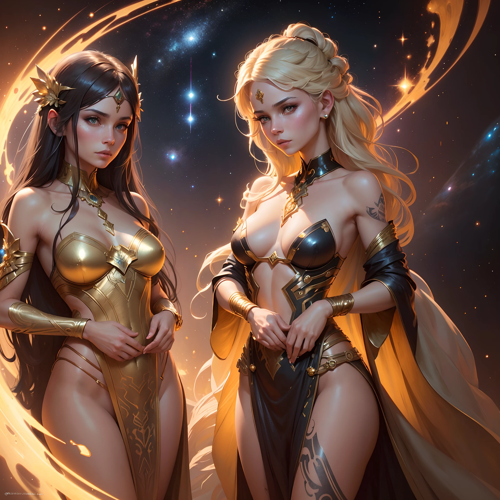 (The female sand goddess is adorned with beautiful films., Gold dress, Fluorescent gold tattoo), (Cosman galaxy with quantum energy fantasy), Fantasy Magic, long hairstyle, Dark Light Night, intricate, ethereal, crisp focus, illustration, high-detail, digital painting, Concept Art, on side, (Art by wlop), (by Justin Gerard and Jason Edmiston: 1.5), (by Greg Rutkowski: 0.4), (by Alphonse Mucha: 0.4), masterpiece,outer space,gun,dry,Tiny,Tiny House