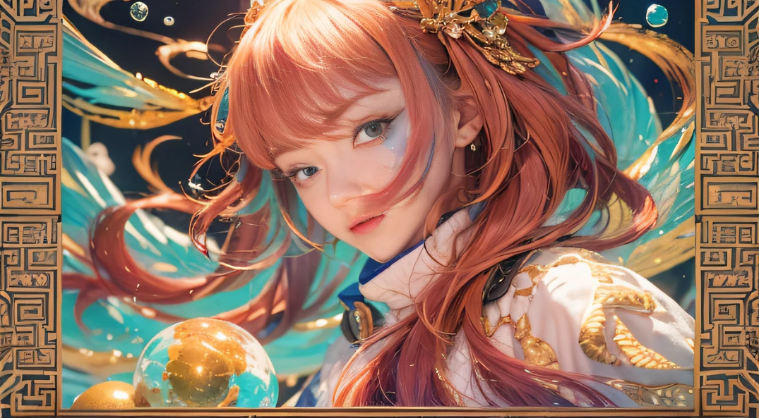 cyan colors,blue colors,enamel,agates,A flesh-colored world,Blood Girl 32K(tmasterpiece,k hd,Aoyama Pond,hyper HD,32K)Long flowing bright orange hair,blood pond,zydink, a color,Grumpy (Post-halo), (Linen scarf), Combat posture, looking at the ground, long whitr hair, Floating bright orange, Fire cloud pattern gold tiara, Chinese long-sleeved gold silk burgundy garment, (Abstract metaverse splash:1.2), white backgrounid,Lotus vitality protector(realisticlying:1.4),Bright purple hair,Smoke on the road,The background is pure, A high resolution, the detail, RAW photogr, Sharp Re, Nikon D850 Film Stock Photo by Jefferies Lee 4 Kodak Portra 400 Camera F1.6 shots, Rich colors, ultra-realistic vivid textures, Dramatic lighting, Unreal Engine Art Station Trend, cinestir 800,A girl with long flowing bright orange hair,Huge multicolored bubbles