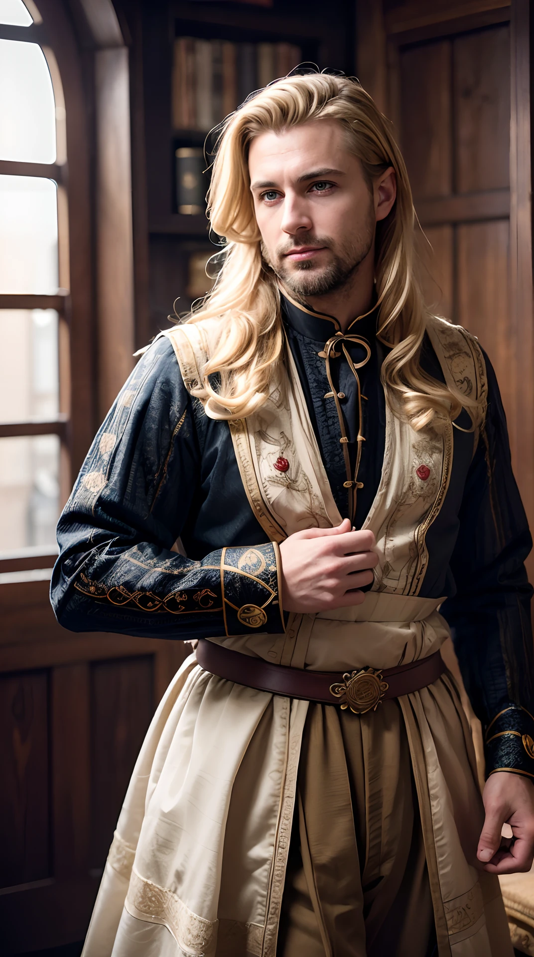 RAW photo, Male 35 years old, Waist-length image in the center of the composition, lean, graceful, (flirty, cunning), blond curled hair, small beard, Medieval clothing with lace and embroidery, beau, dandy, indoors, blurred background, 8K UHD, dim lighting, hiquality, Film grain, Fujifilm XT3