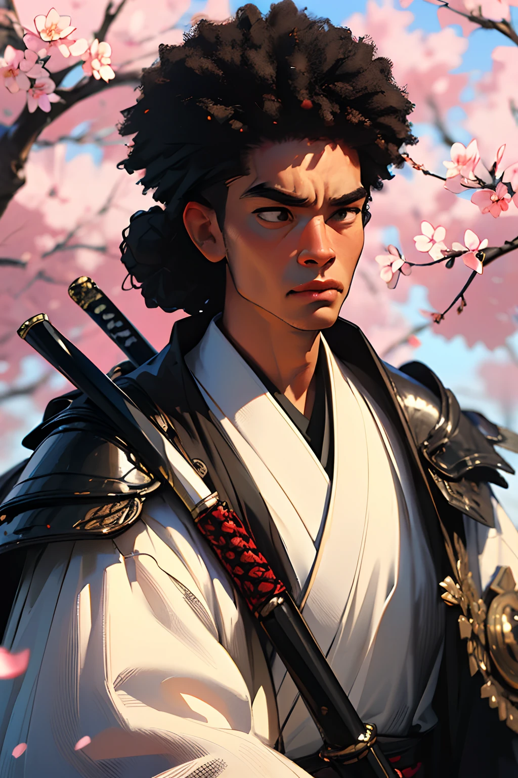 (best quality,4k,8k,highres,masterpiece:1.2),ultra-detailed,(realistic,photorealistic,photo-realistic:1.37),black man,samurai suit,African American male,samurai armor,afro hairstyle,detailed face,sharp facial features,intense gaze,strong presence,confident posture,large muscular build,stoic expression,japanese katana sword,embroidered suit details,armored gauntlets,traditional samurai helmet,historical setting,foggy background with cherry blossom trees,soft lighting highlighting the samurai suit,contrasting colors of black and red,striking visual composition