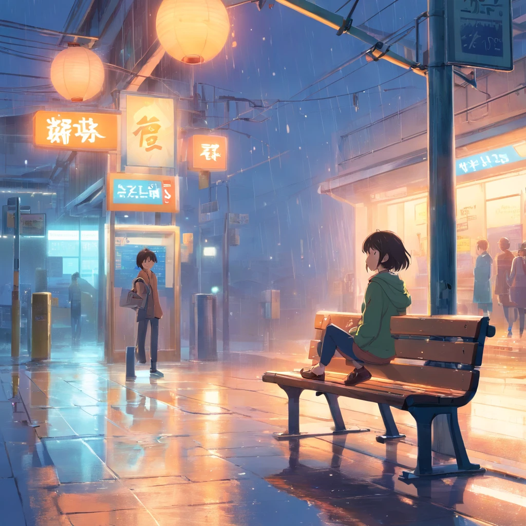 tmasterpiece，best qualtiy，Comic LO， girl sheltering in the rain at a bus stop，Umbrella on bench，shelter，after rain，brightened，cheerfulness，Warm and soft lighting，evening glow，（spark of light：0.7