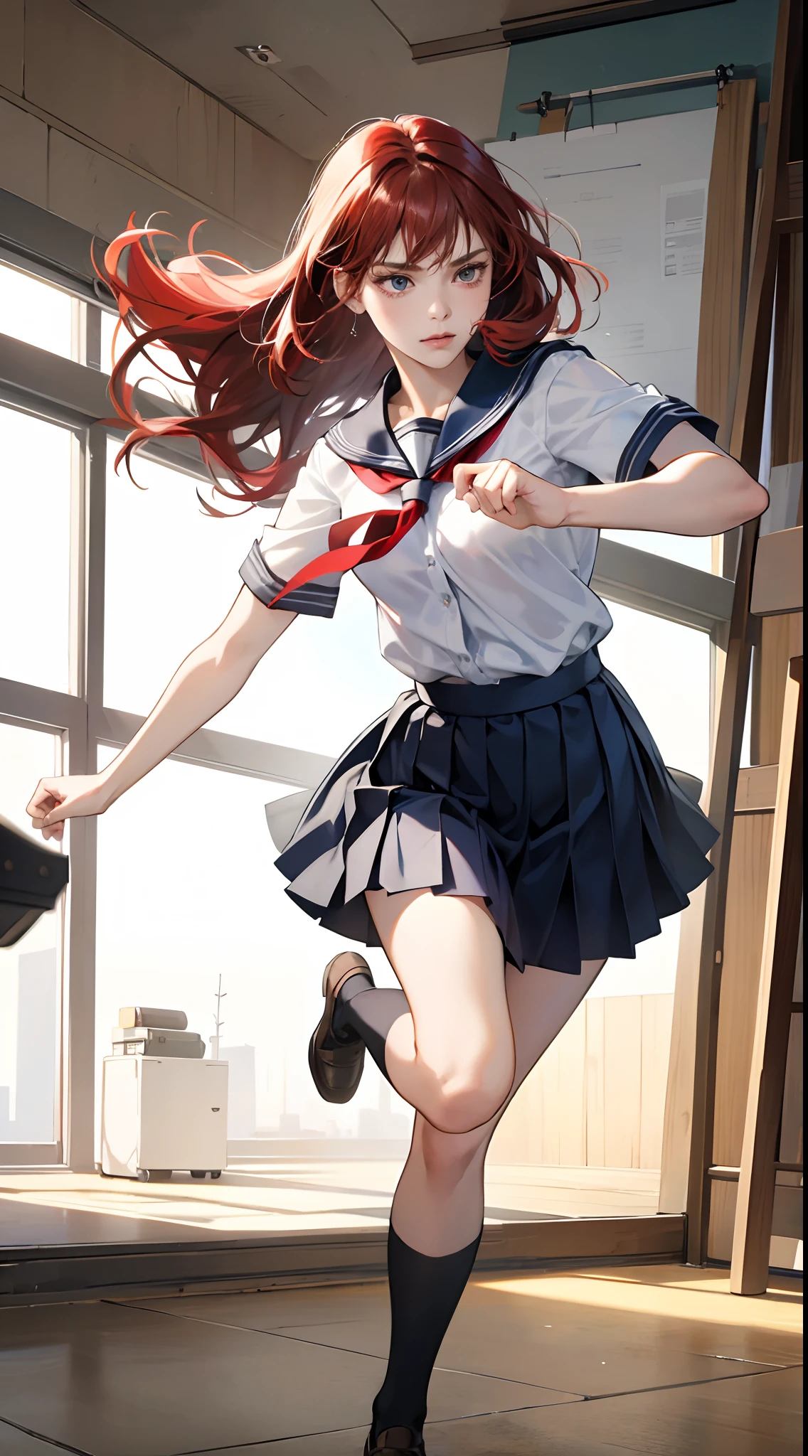 (Best Quality,4K,High resolution), 18yo woman, Red mesh hair on black hair, Long hair, Straight hair, Cool Woman,,sharp eye ，fight，The right stance，Jump Kick，Cool kick motion，Battle Games，delicately painted, Realistic portrayal，Expresses the delicate texture of the skin in every detail，School classroom background，female high-school student，School Uniforms，Navy blue skirt，summer clothing， shortsleeves，