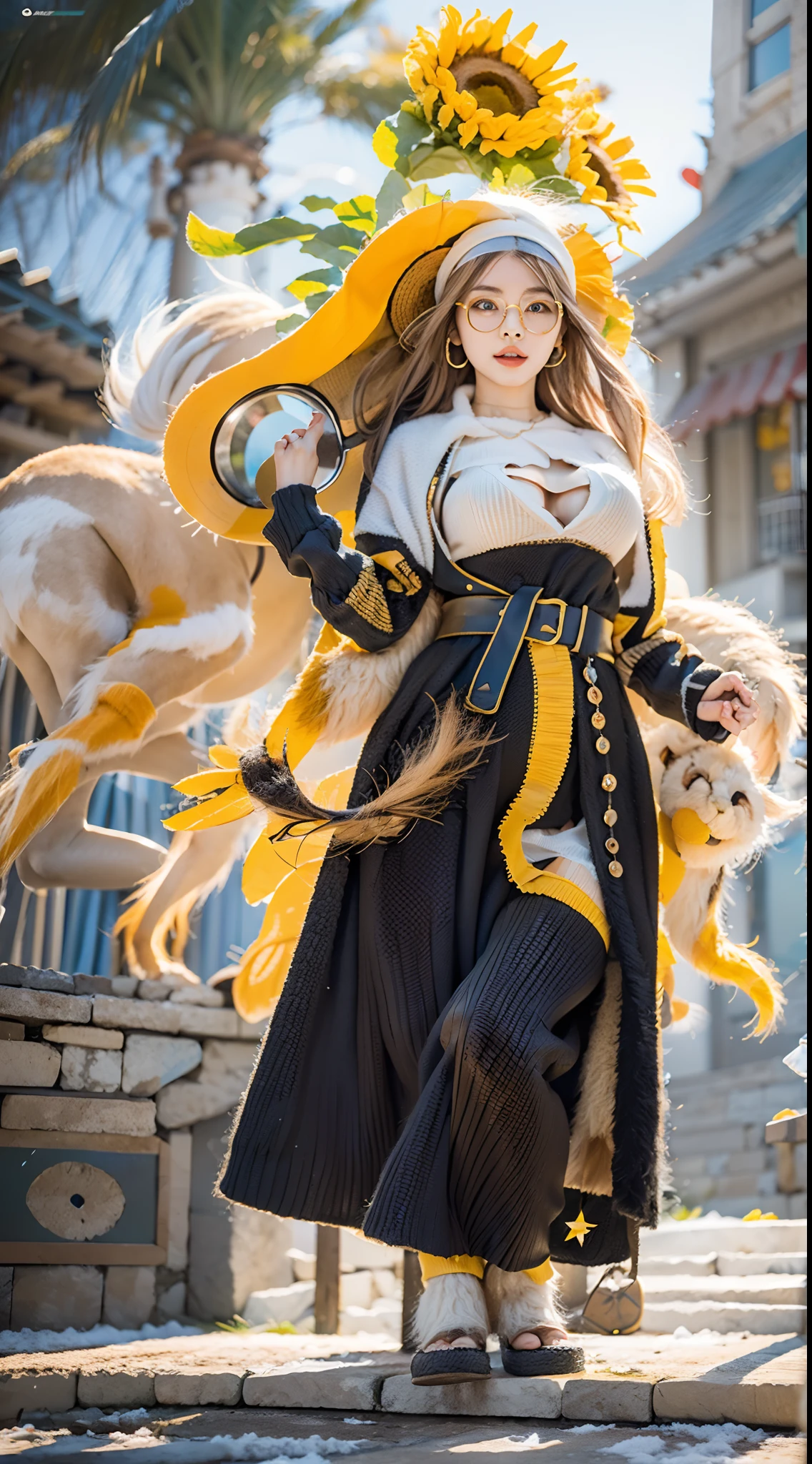 In a very grand scene,The extra-large wide-angle lens captures the appearance of a female centaur。She is a Sunflower Worship nun,Always opposed(Healing smiley face of knitted sunflower puppet😊:99.99)DOA。She is tall,It has the ultimate curvy beauty,The muscles are slender and firm,Beautiful lines。She has(Super huge sky blue eyes:99.99)、always(Wearing sexy glasses:6.66)、(She wears solemn nun attire:9.9)、Stepping on a boot-style skyscraper-heel、A pink cross hangs on his chest。Use Midjourney's advanced tools,Designed for female centaurs(A knitted sunflower puppet and create a super healing cartoon smiley face in the center of the flower tray as a decoration:9.9),and noble and solemn nun costumes,and highlight her unique physiological characteristics and appearance details,Add realism。And in the context of her prayers and listening to confessions,Spectacular views of nature,Such as the sky where storms and sunny days alternate、Brilliant rivers of stars and auroras、The snow-capped summit of Mount Everest、Fireworks in the mountain town, etc。ao mesmo tempo,Away from the hustle and bustle next to the chapel,Create a fantastic scene。Use Midjourney's advanced tools and multiple color palettes、Brush Strokes、Texture tools and model packages,It shows a sense of atmosphere where beauty and charm coexist。The charm of the female centaur is highlighted through color and lines,Enhance realism with detailing,Create a surreal dreamy feeling。Additionally,Use Midjourney's tools to add various exorcism props and books to the female centaur、pergaminhos,Create intricate hairstyles and outfits,Give her a sense of premium。She never flinches,No matter what monster you encounter,can respond quickly,Even the most extreme armies of natural disasters and monsters could not stop her and her front(Sunflower with Tyndall effect that emits sunlight9.99)。Use Midjourney's powerful tools,You can do it with incredible detail and beauty,Bring this ultra-grand and beautiful scene to life。Ultra-grand scenes,s