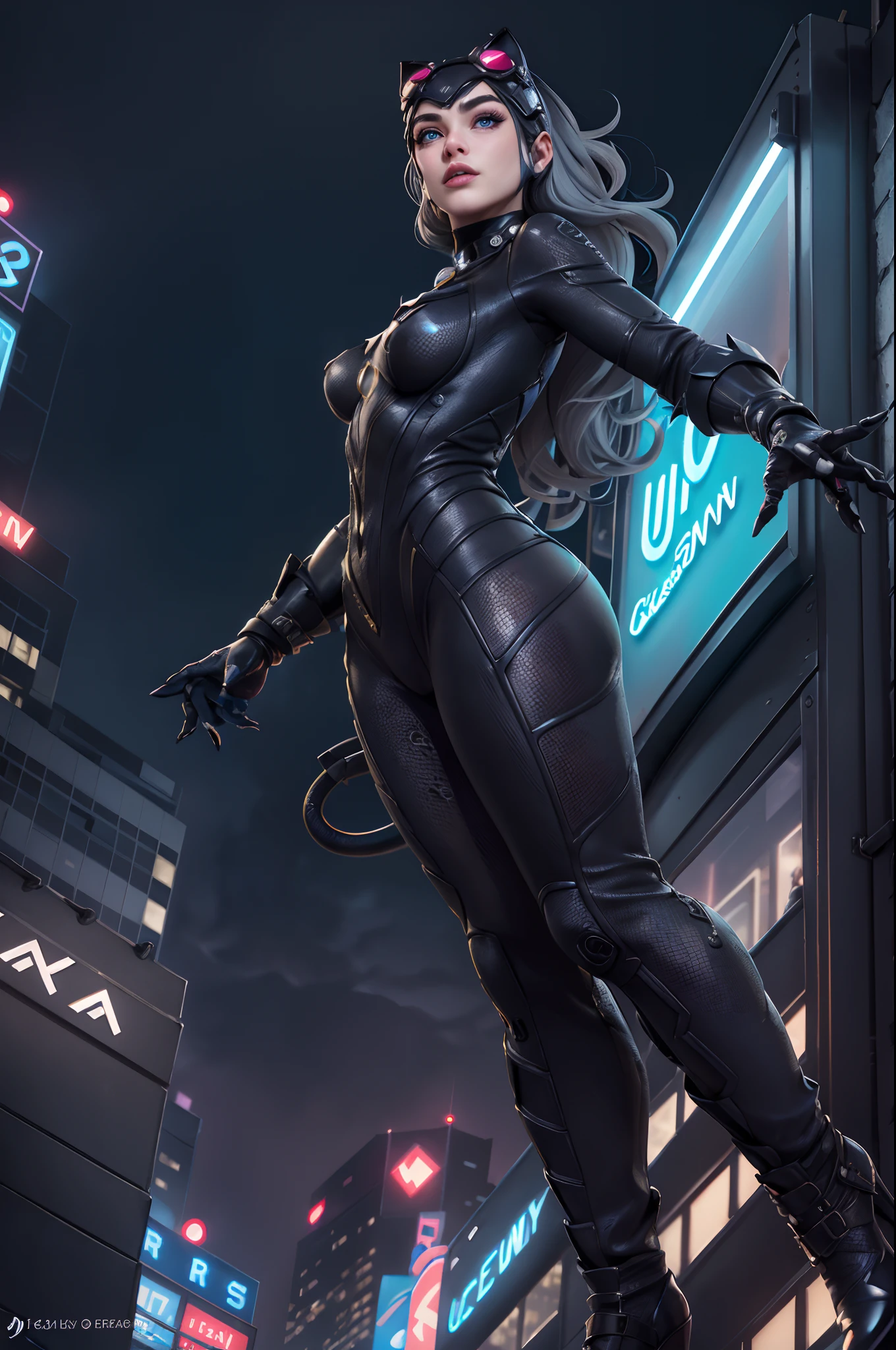 (​masterpiece、4K resolution、A hyper-realistic、ighly detailed、Turn your back), (Black Superheroes theme、Charisma、There is a girl in a Catwoman costume above the town、with his back turned。She's a superhero)、 [((25-years old)、(Long grey hair:1.2)、full body Esbian、(blue eyess:1.2))、((Sandy urban environment):0.8)|(A city scape、natta、Dinamic Light)]#illustrate:Prompts are mainly ultra high definition、very real、Describes highly detailed 4K paintings。A superheroine in a Catwoman costume is depicted at the top of the city。((Ultra-wide-angle lens shooting)), ((Shot looking up from below:1.3)), (((Neon light))),