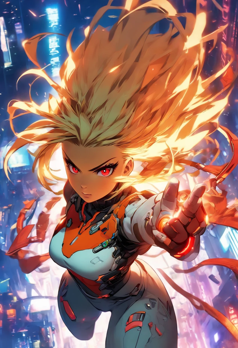 (sfv), Intricate details, 1girll, Night, (Bright neon colors), ((Fly over futuristic cyberpunk cities)), Detailed background, (Little cyborg girl, ((Cute perfect face, Bright red eyes)), (Perfect anatomy, Petite and lively breasts), (Outrageously long gradient orange and white hair, hair blowing in wind)), Leggings cannot refine the ribs, Shoulder armor, cybernetic limb, Dynamic Angle,