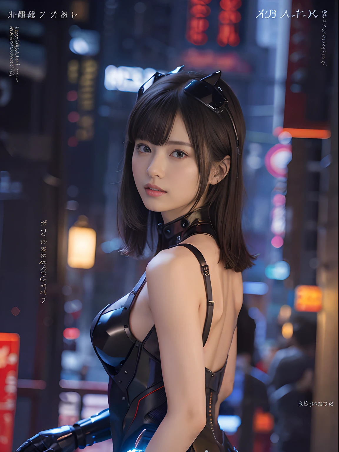（Part of the skin is a computer）、top-quality、​masterpiece、超A high resolution、(With a futuristic machine gun、holding knive),（Wearing a futuristic hat）、(Photorealsitic:1.4)、Raw photo、女の子1人、Black hair、glowy skin、((1 Mechanical Girl))、((super realistic details))、portlate、（Mystical expression）、explosions、Particles of light、（Small LED lamp）、Wire tubes that glow all over the body、(With state-of-the-art weapons),globalillumination、Shadow、octan render、8K、Armpit、ultrasharp、Colossal tits、Small LED lamp、Raw skin is exposed in cleavage、metals、blood vessels connected to tubes、With weapons、Red bodysuit、Armpit、Cyberpunk city background、Details of complex ornaments、Japan details、highly intricate detail、Realistic light、CGSoation Trends、Blue eyes、radiant eyes、Facing the camera、neon details、（Tattoo numbers on the face）、Mechanical limbs、blood vessels connected to tubes、Mechanical vertebrae attached to the back、mechanical cervical attaching to neck、Wires and cables connecting to the head、Gundam、Small LED lamp、Toostock、Toostock、Futuristic machine gun、Knives、(White Metallic Bodysuit),