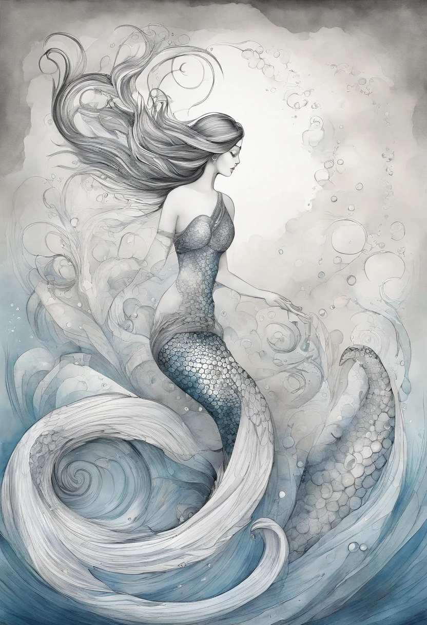 mermaid with long scaled tail, long angle shot, long flowing hair, air bubbles, anime, fine - face, symmetry face, fine details. anime. low detail black and white lineart coloring page by katsuhiro otomo, Disney mermaid, trending on pixiv, artstation, no background