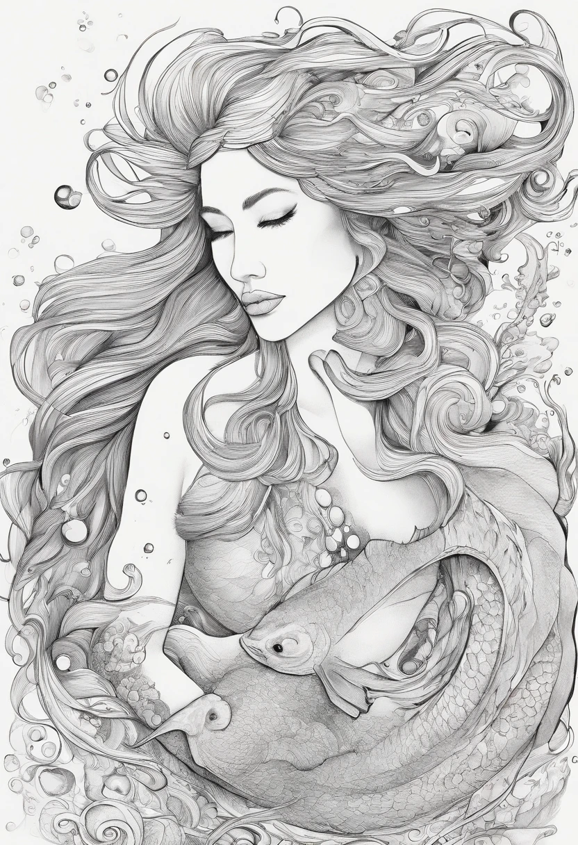 mermaid with long scaled tail, long angle shot, long flowing hair, air bubbles, anime, fine - face, symmetry face, fine details. anime. low detail black and white lineart coloring page by katsuhiro otomo, Disney mermaid, trending on pixiv, artstation, no background