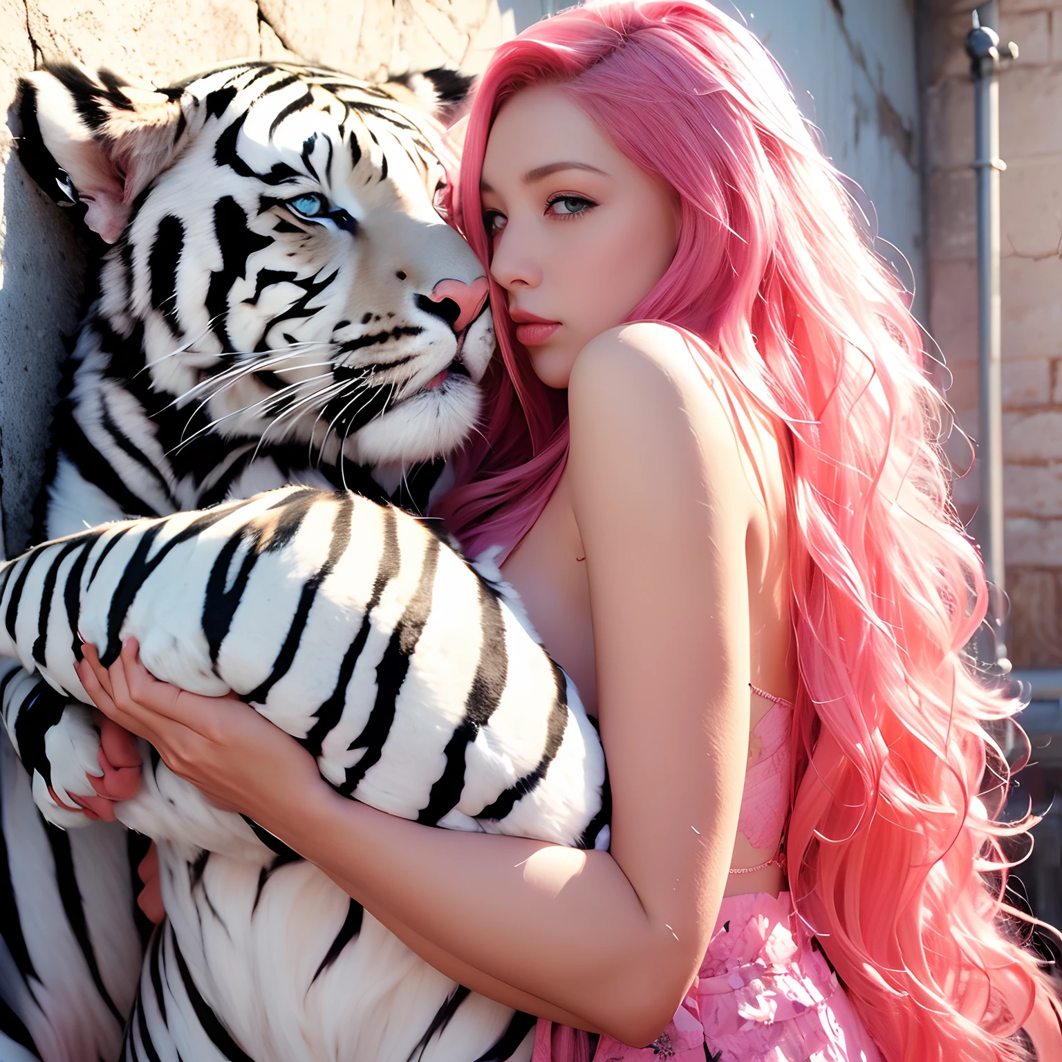 a woman, long curly hair, pink hair, blue eyes, woman with tiger, a white tiger, tiger on the woman's side, Mascot, tiger on the side of the wall