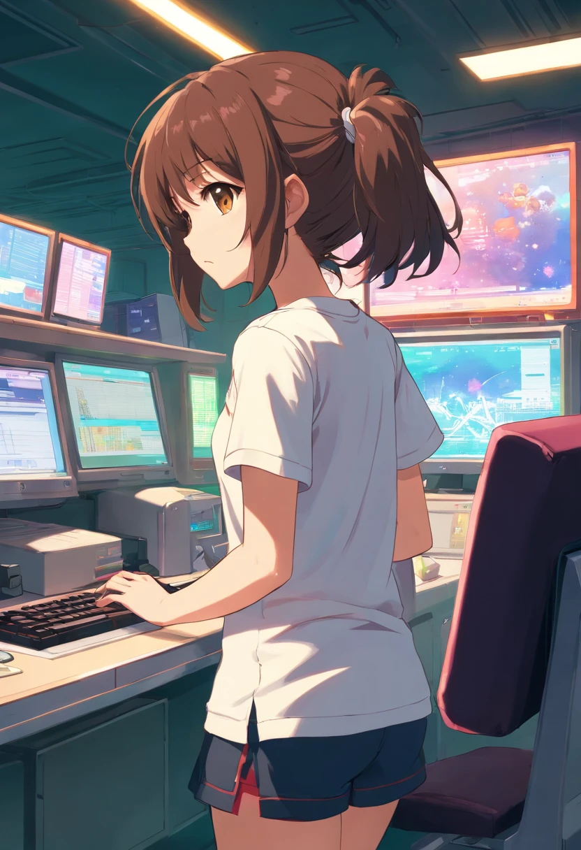 Chihiro Fujisaki, Danganronpa, dressed in a white t shirt, and looks at the computer, turned with their backs to the camera.
