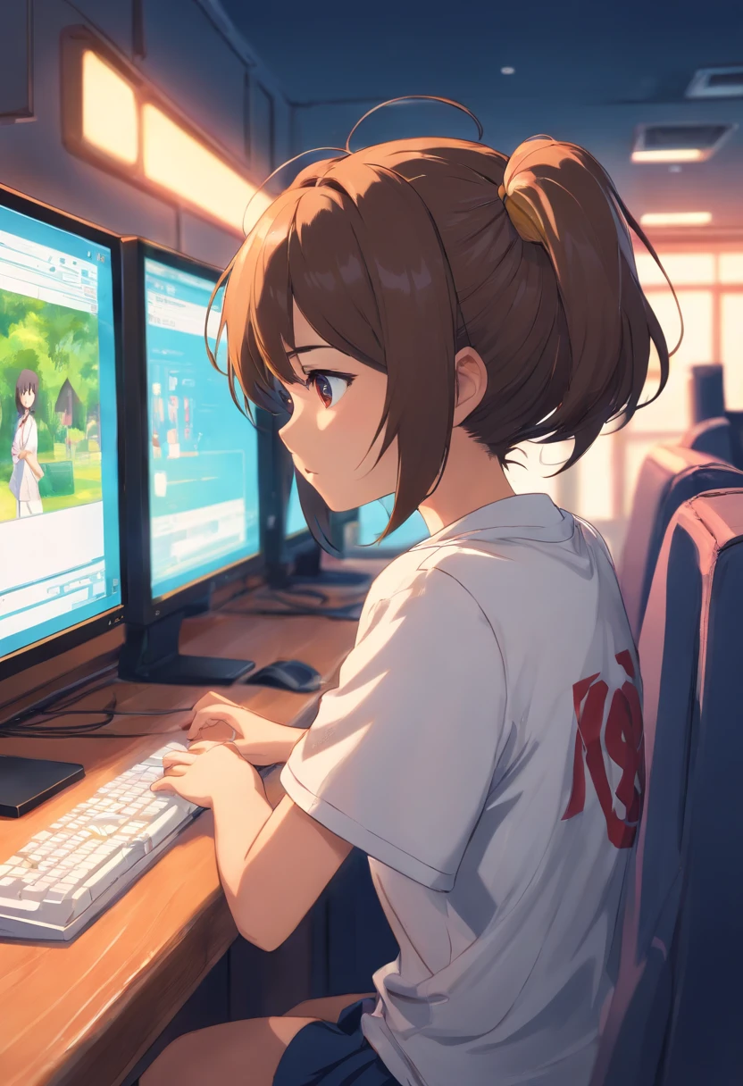 Chihiro Fujisaki, Danganronpa, dressed in a white t shirt, and looks at the computer, turned with their backs to the camera.