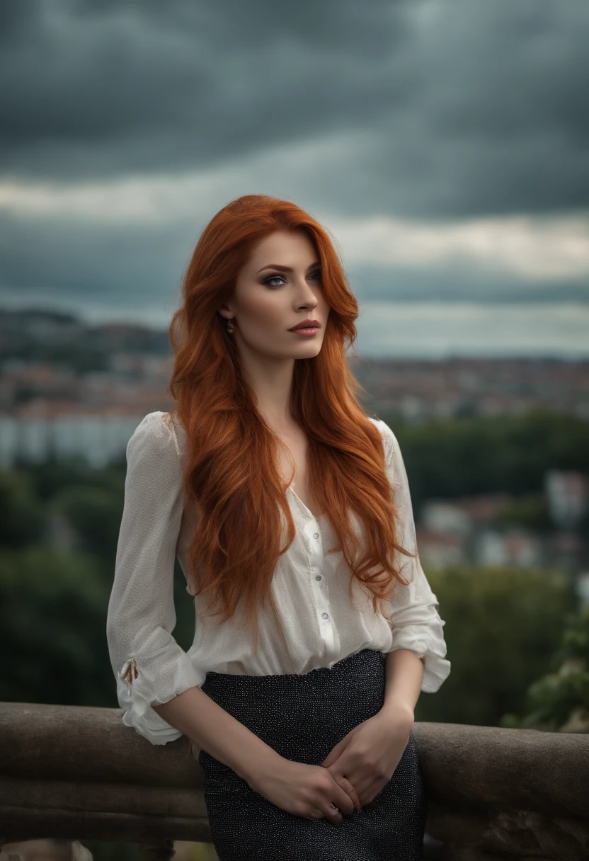 professionnel, (Photo 4K:1.1)  (mise au point nette:1.3), High detail, Porter (Chemise moulante:1.2), beautifull detailed face, An attractive woman with long red hair looks at the camera, resembling actress Katherine McNamara, Panasonic Lumix S Pro 50mm F/1.4, Anne Stokes, splash of color, dark orange and dark emerald, Ferrania P30, photo realist, (attractive young woman:1.3), (Seductive:1.1), (rougissant:1.1), Forme du corps du sablier, Gros seins ronds, hanches larges, in the background city
