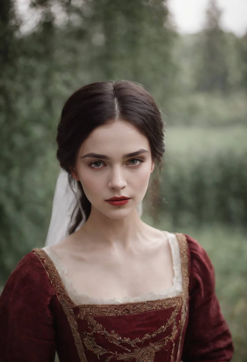 (((A deep reddish wound crosses her left cheek))) Fair complexion, Woman about 16 years old, Natural black hair, Characteristic scarlet eyes, Wearing Kohl, slender and graceful, Beautiful, Candles in a medieval setting, ultra sharp focus, realistic shot, Medieval women's clothing, gloomy colors (scar:1.4)