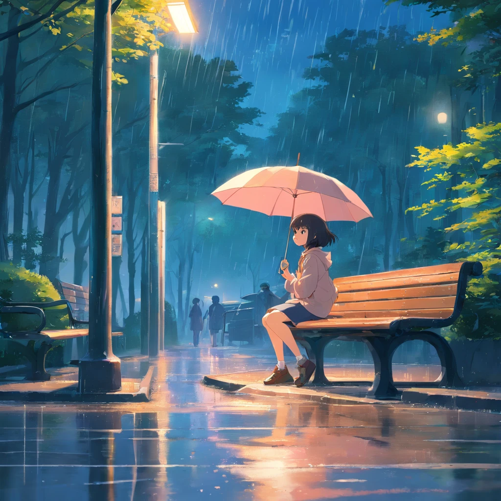 tmasterpiece，best qualtiy，Comic LO，Little girl sheltering in the rain at a bus stop，Umbrella on bench，after rain，brightened，cheerfulness，Warm and soft lighting，the woods,