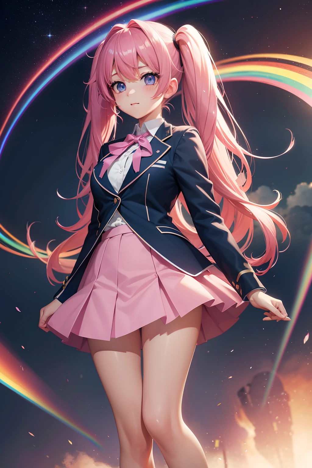 High school girl with beautiful eyes、High School Uniform、Dark blue blazer、Pink skirt、Pink ribbon、Heart-shaped choker、long hair with pink twin tails,,,,,,,,,,,,,、Schools、独奏、gazing at viewer、school ground、lawn、rainbows、optic、。.。.。.。.。.。.。.。.。.。.。.。.。.。.3D、hight resolution、top-quality、full body Esbian、8K Character Concept、32K、pixiv、illustratio、 ultra-detailliert、hyperdetailed face、Megapixel、 Ultra High Definition HDR、Clair、Overdecoration、● S180 - Rainbow 5