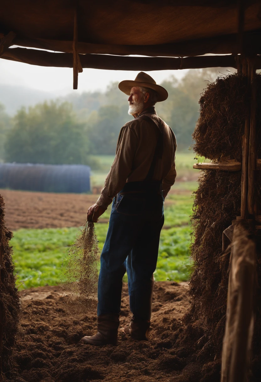 A farmer on his farm uses manure in a crystal