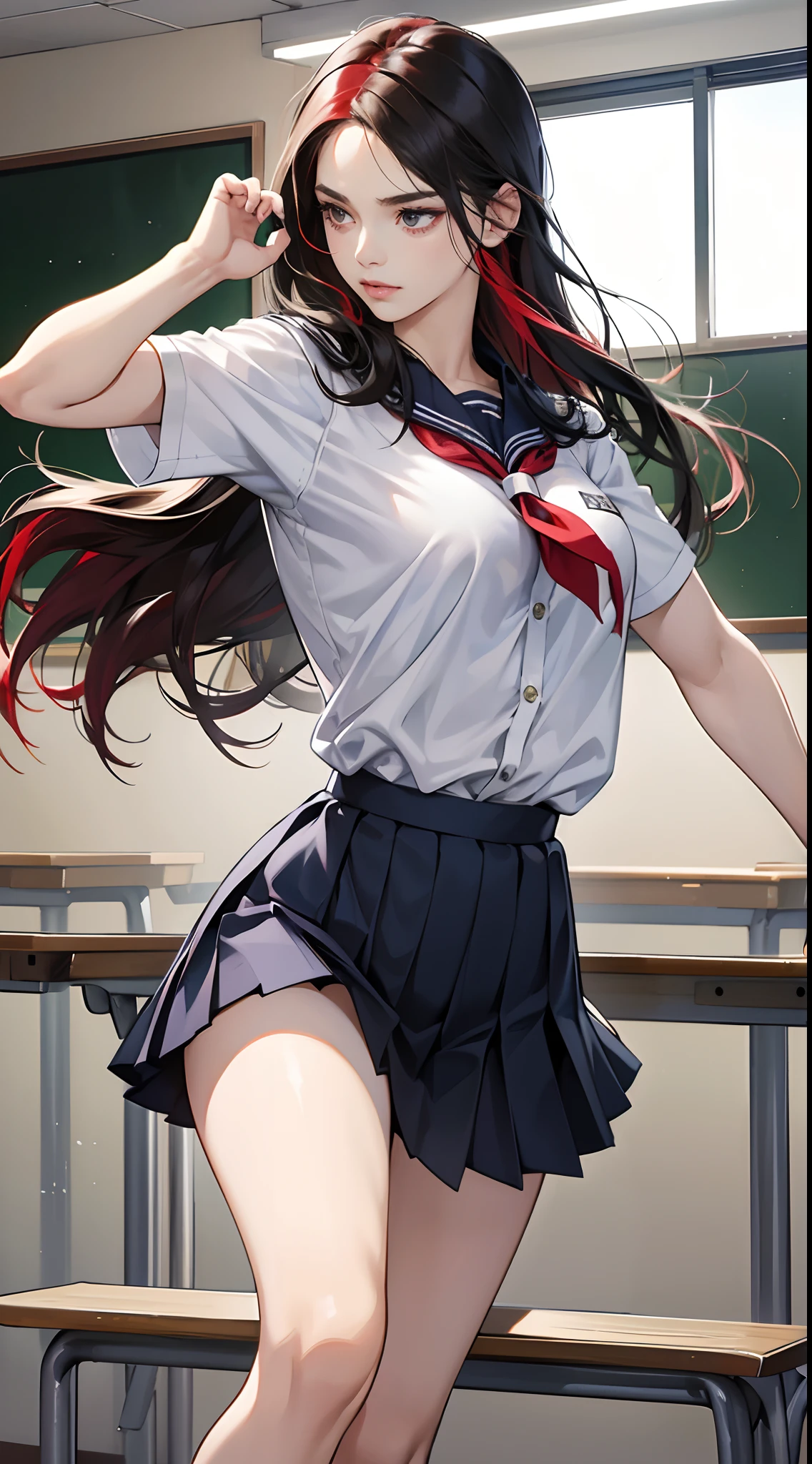 (Best Quality,4K,High resolution), 18yo woman, Red mesh hair on black hair, Long hair, Straight hair, Cool Woman,,sharp eye ,fight,The right stance,Jump Kick,Cool kick motion,Battle Games,delicately painted, Realistic portrayal,Expresses the delicate texture of the skin in every detail,School classroom background,female high-school student,School Uniforms,Navy blue skirt,summer clothing, shortsleeves,