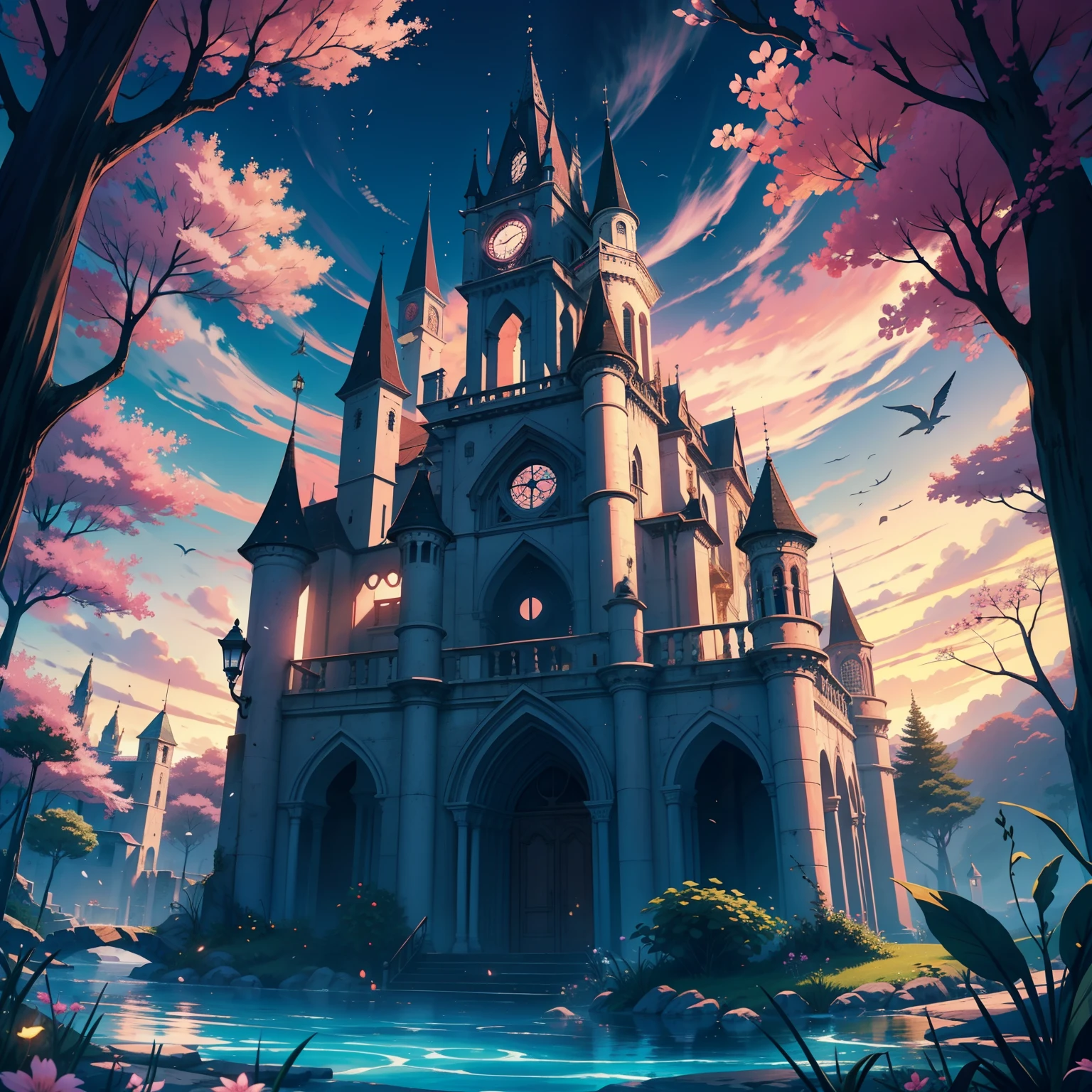 A setting with medieval eras of pink and blue magic, Cheio de magia, The magic in this place is the basis of everything and everyone, aqueles que podem usar magia, are well respected, Bruxas e bruxos com sua magia de voar. What is this world of magic like? e se existe, como seria? algo maravilhoso de ver? or something no one can explain?. Show me this multi-vision scenario. Show large image angles