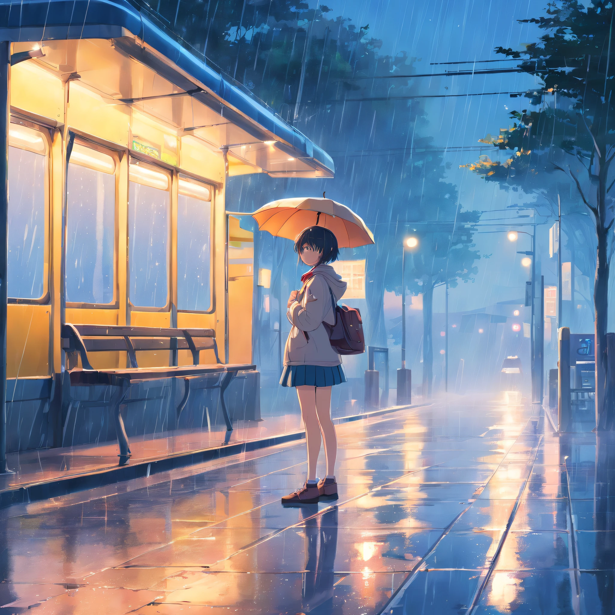 tmasterpiece，best qualtiy，Comic LO，Little girl sheltering in the rain at a bus stop，Umbrella on bench，after rain，brightened，cheerfulness，Warm and soft lighting，the woods,