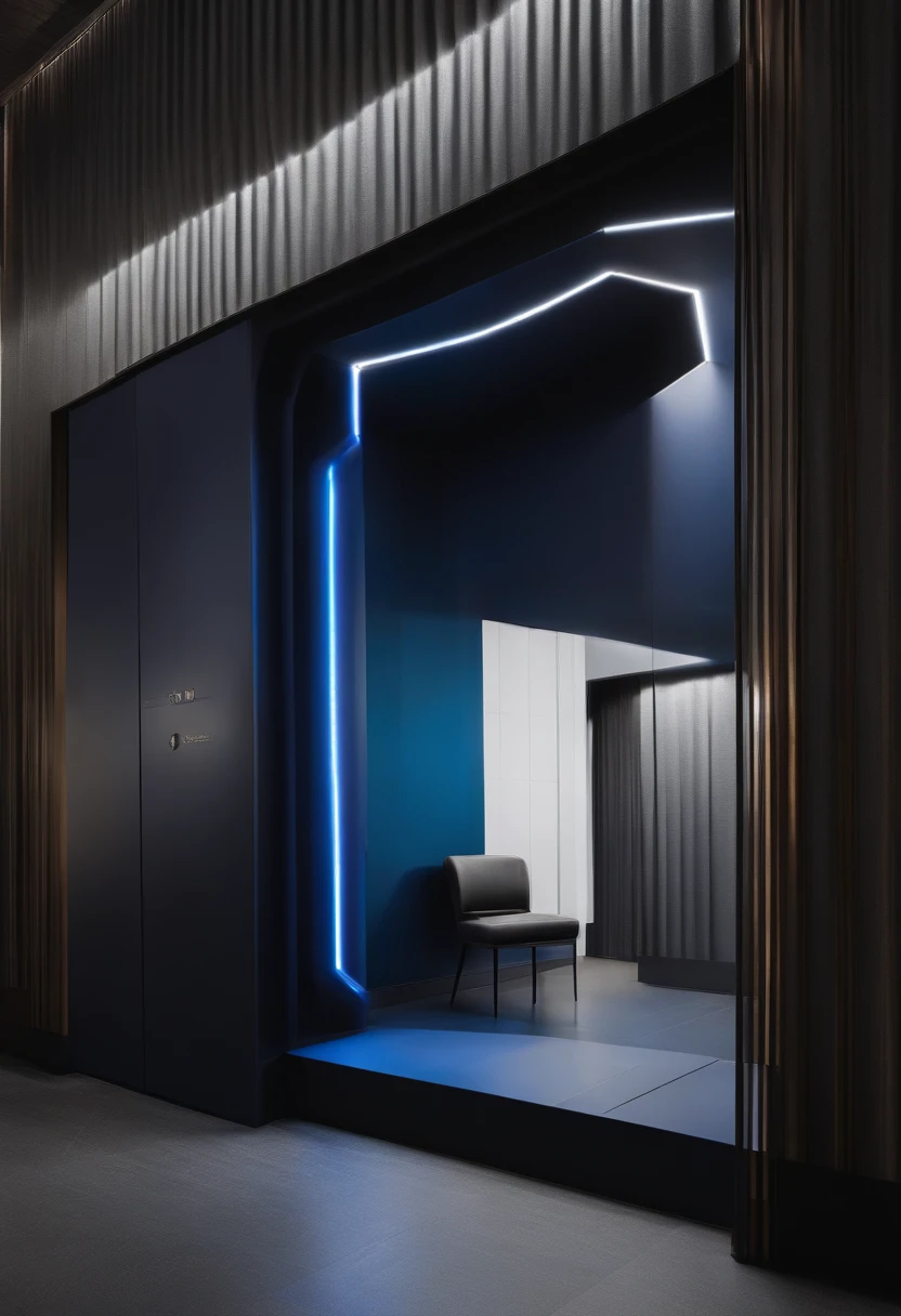 Stand design,There is a modeling structure,Width 5 meters,It is 6 meters long,High 4.5 meters,Passages in all directions,Minimalist,Machinery Exhibition,Lightbox screen,There is a reception,There are doors,There are glowing light bars, The color is mainly white,Blue secondary color,There are texts and pictures,Put a logo on the door