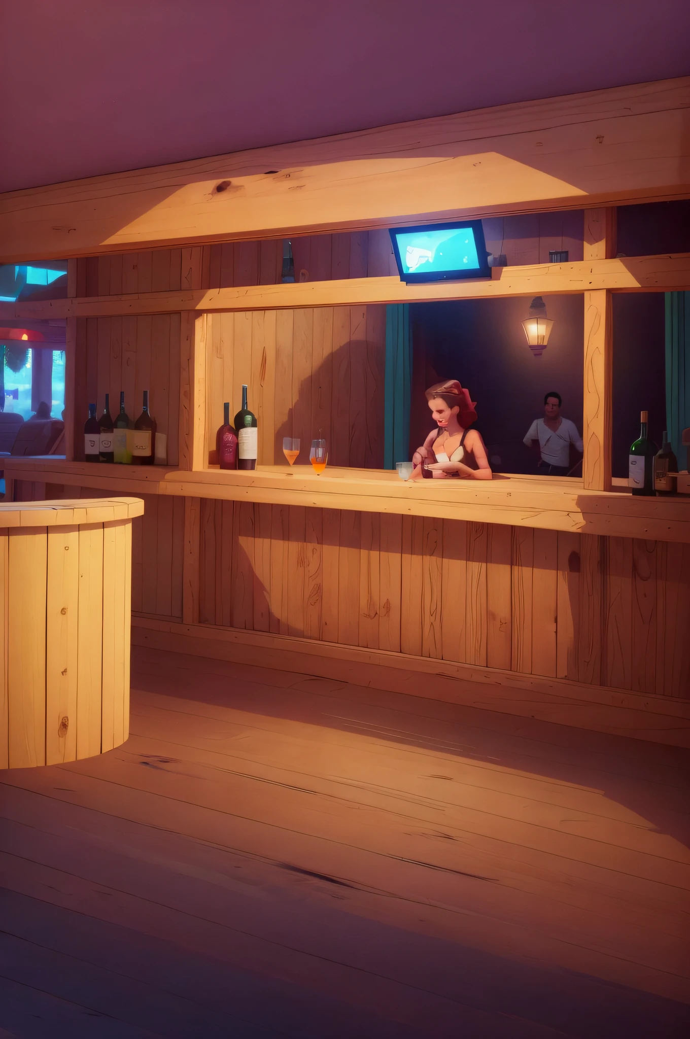 (best quality,alto,master part:1.2),vivid colors,ultra-detalhado,vista deslumbrante de todo o bar,prateleiras lindamente abastecidas com uma grande variedade de bebidas,Great attention to detail,ambiente relaxante,pessoas sentadas em suas mesas ao fundo,desfrutando de suas bebidas tranquilamente,warm lighting,ambiente aconchegante,design de bar atraente,exquisite decoration,Friendly bartender preparing cocktails,refined glasses and beverage presentations,light reflections on the bar counter and shelves,Inviting seating areas,Impressive architectural elements,glass windows offering a panoramic view of the surroundings,clientes envolvidos em conversas animadas,elegant furnishings,delicious aroma of cocktails floating through the air,clientes elegantes desfrutando de sua noite fora,bebidas lindamente decoradas com frutas frescas e ervas,a variety of drinks to suit all tastes and preferences,Vibrando, relaxed vibe,mix of modern and classic design elements,Well-stocked bar with selections of popular and rare drinks,nice color scheme that improves the overall environment.
