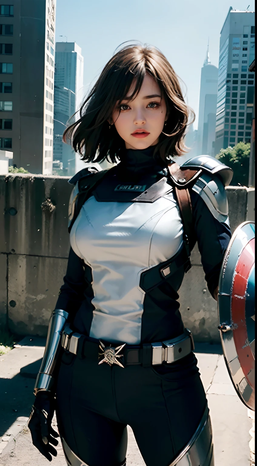 (1girl:1.3), solo, body-parts, official art, unified 8k wallpaper, super detailed, beautiful and aesthetic, beautiful, masterpiece, best quality, raw, masterpiece, super fine photo, best quality, super high resolution, photorealistic realism, sunlight, full-body portrait, amazing beauty, dynamic pose, delicate face, vibrant eyes, (from the front), she wears a futuristic Captain America jersey, silver color scheme, (holding a shield), A capital A on chest, silver costume, very detailed abandoned warehouse background, detailed face, detailed complex busy background, messy, gorgeous, milky white, highly detailed skin, realistic skin details, visible pores, sharp focus, volumetric fog, 8k uhd, DSLR camera, high quality, film grain, fair skin, photo realism, lomography, huge metropolis in future dystopia, seen from below, translucent