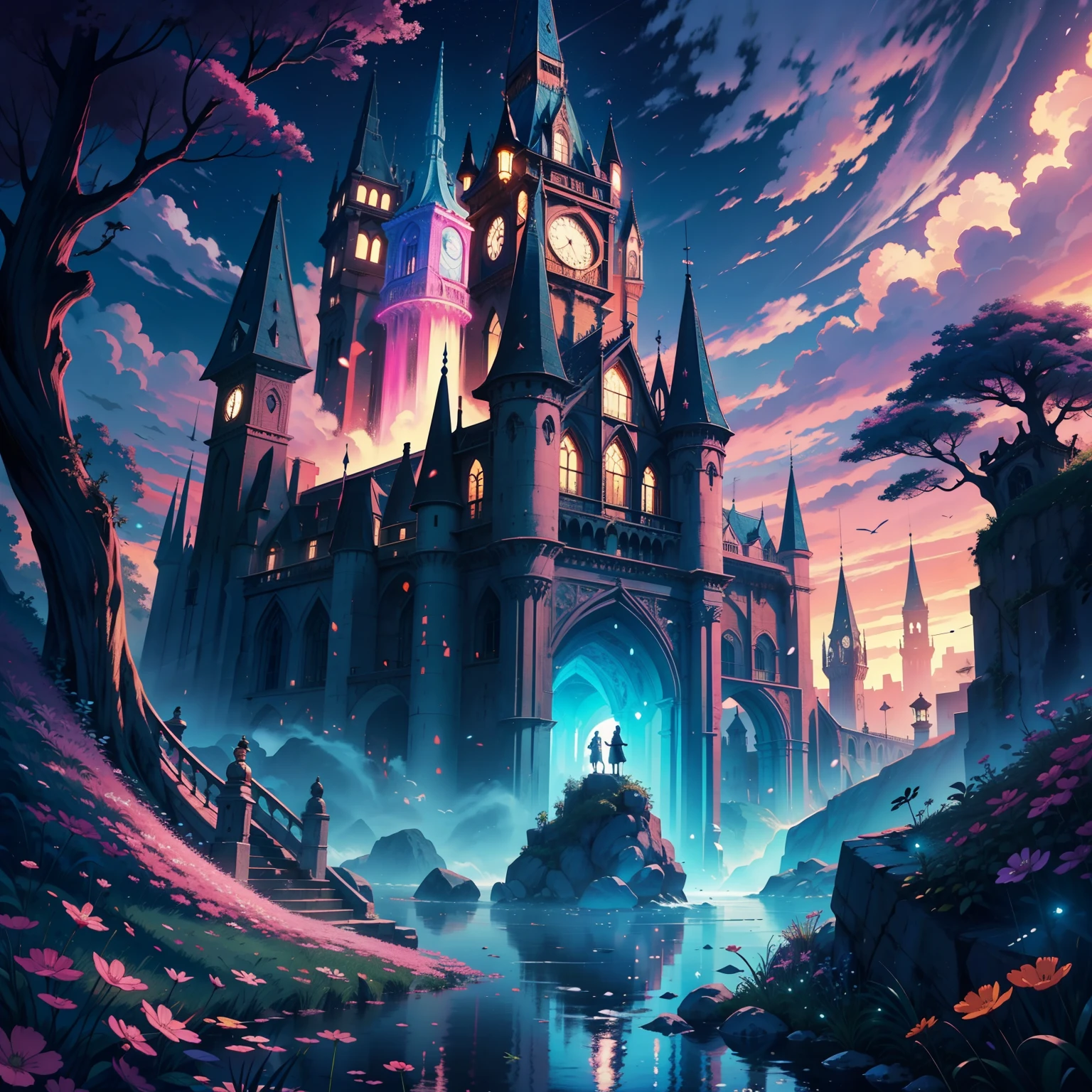 A setting with medieval eras of pink and blue magic, Cheio de magia, The magic in this place is the basis of everything and everyone, aqueles que podem usar magia, are well respected, Bruxas e bruxos com sua magia de voar. What is this world of magic like?  e se existe, como seria?  algo maravilhoso de ver?  or something no one can explain?.  Show me this multi-vision scenario.  Show large image angles