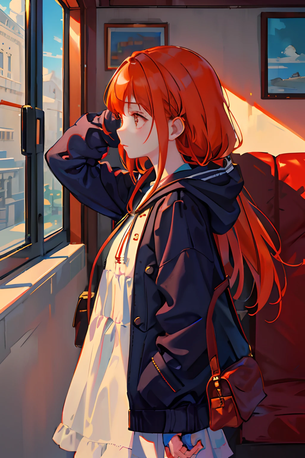 (masterpiece, sidelighting, ultra-detailed, finely detailed beautiful eyes: 1.2), 1girl, bag, building, from side, headphones, hood, hood down, hooded jacket, hoodie, jacket, long hair, orange hair, profile, red hair, solo, train, train interior, upper body, Masterpiece, best quality