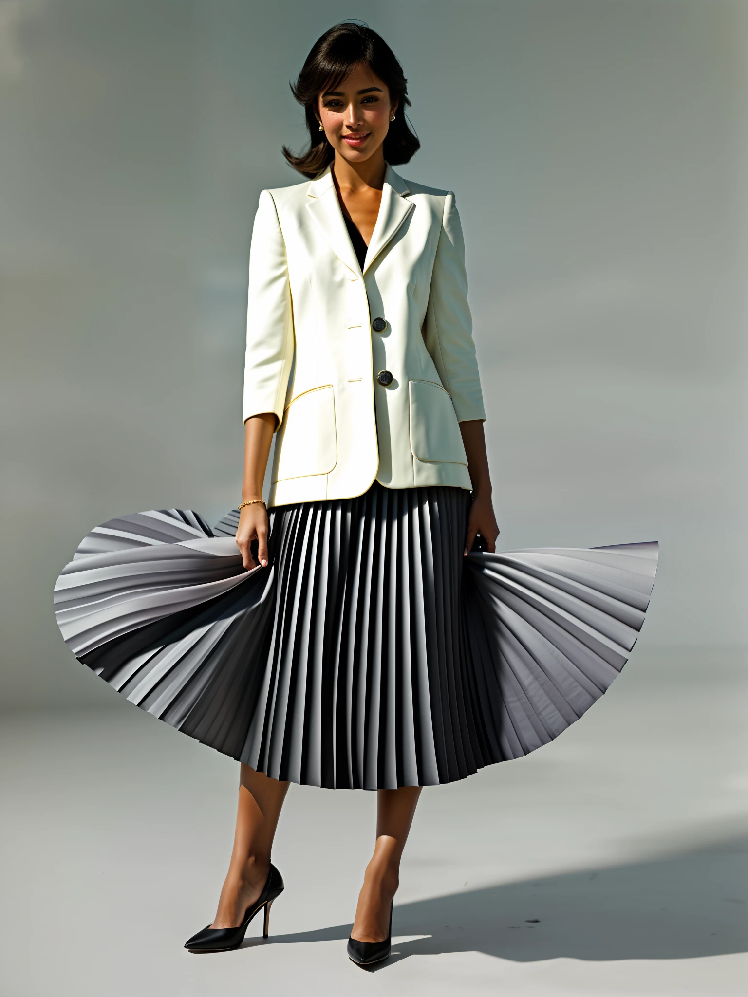 very (seductive:1,9) smiling attractive woman wearing short blazer and very very detailed (long (fully pleated) full circle skirt) and (simple) low heeled office shoes, very very intricate hyper-detailed symmetric (attractive graceful young feminine face) with (sad, tired eyes and a shy smile), large breasts, full of empathy and compassion and love, (pronounced (feminine) features), (highly detailed ultra accurate realistic) hands and fingers, (windy conditions and wind blowing), epic composition, highly detailed attributes, highly detailed atmosphere, (35mm f1.4 Kodak portra 400 photograph), extremely high quality RAW photograph,