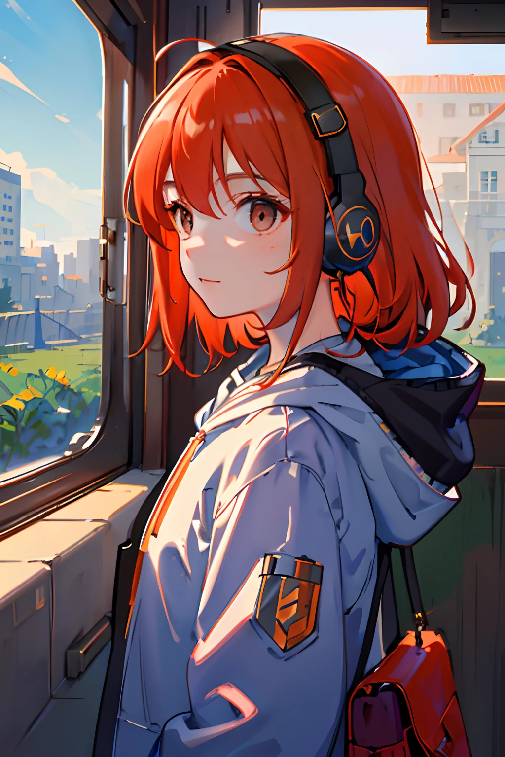 (masterpiece, sidelighting, ultra-detailed, finely detailed beautiful eyes: 1.2), 1girl, bag, building, from side, headphones, hood, hood down, hooded jacket, hoodie, jacket, long hair, orange hair, profile, red hair, solo, train, train interior, upper body, Masterpiece, best quality